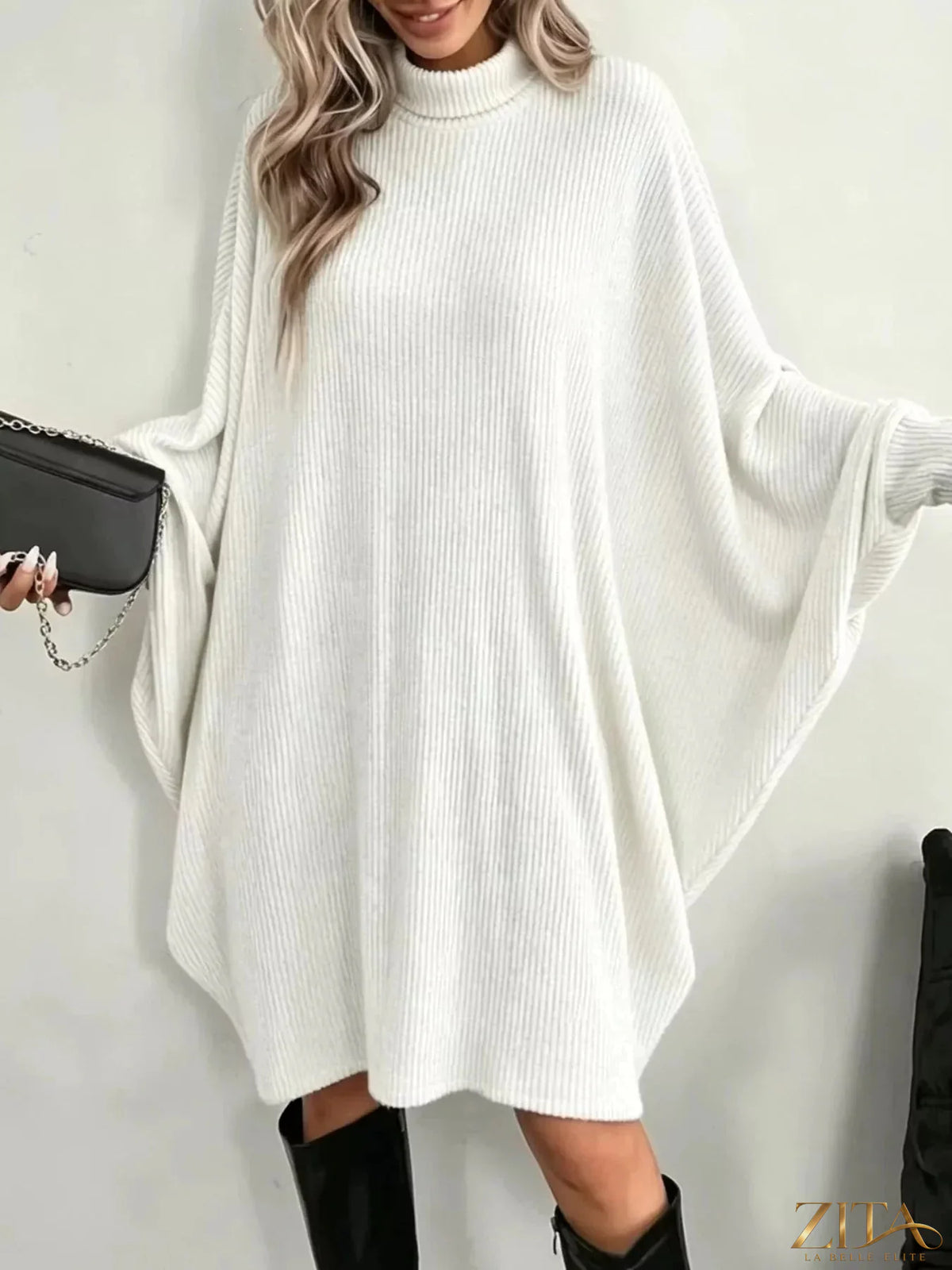 Zita La Belle Elite oversized ribbed knit turtleneck dress with batwing sleeves, black, stylish and cozy for fall and winter.