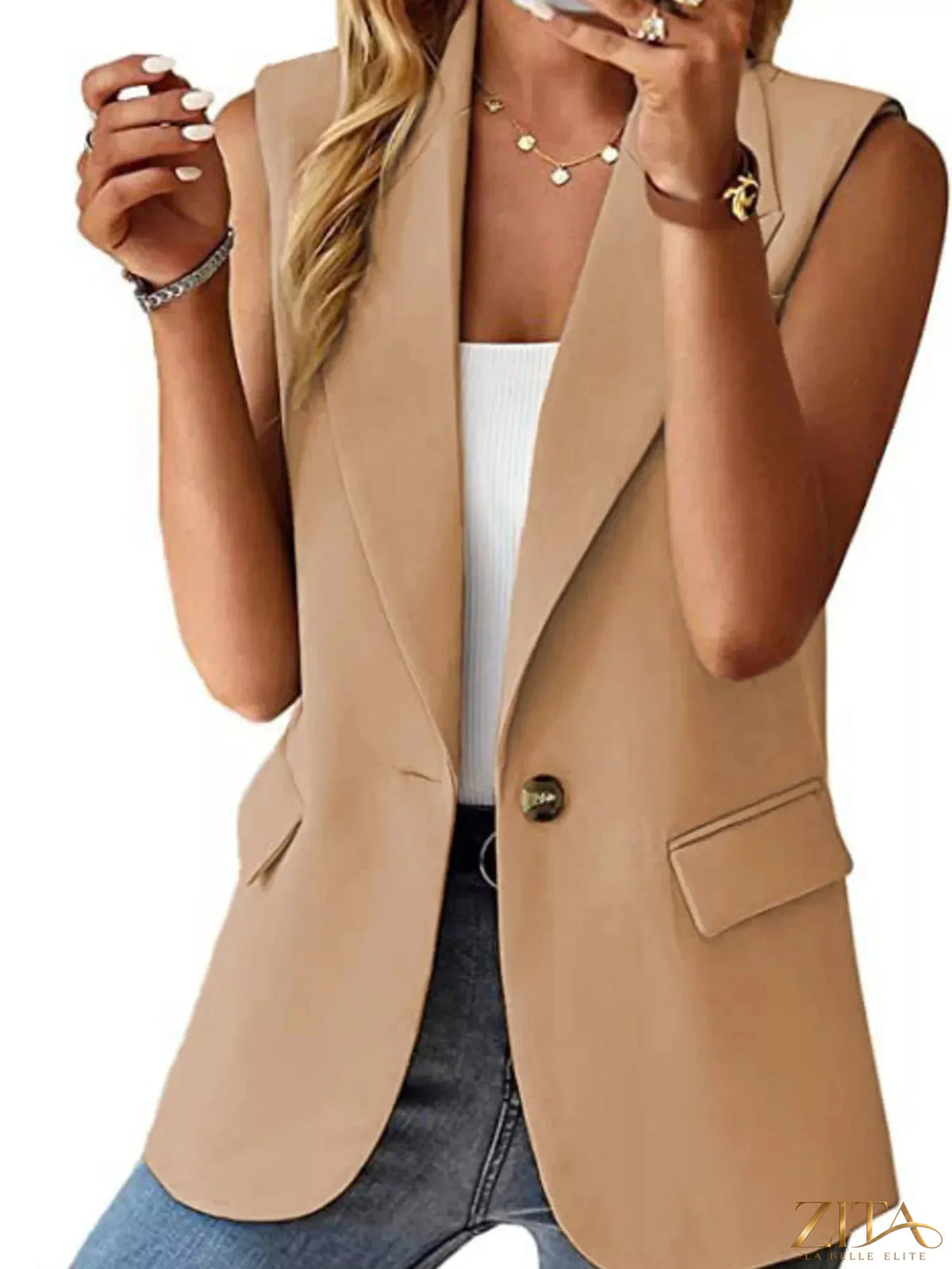 Plus size Zita La Belle Elite vest coat with a lapel collar and single button, full-length front view.