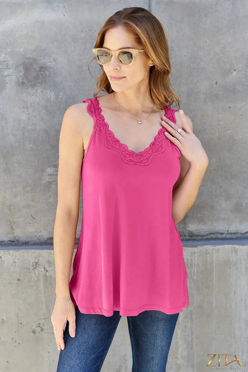 Zita La Belle Elite Basic Bae full-size lace detail V-neck cami with cutout design, featuring delicate lace accents and a flattering fit.