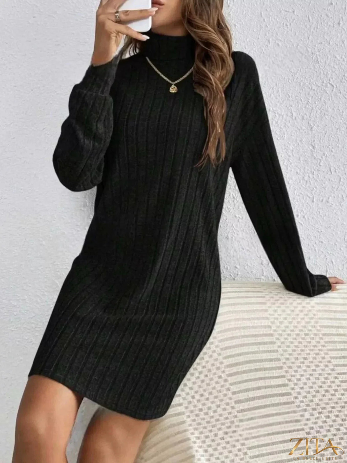 Casual ribbed turtleneck long sleeve mini dress by Trendsi, featuring a fitted silhouette and cozy knit fabric.
