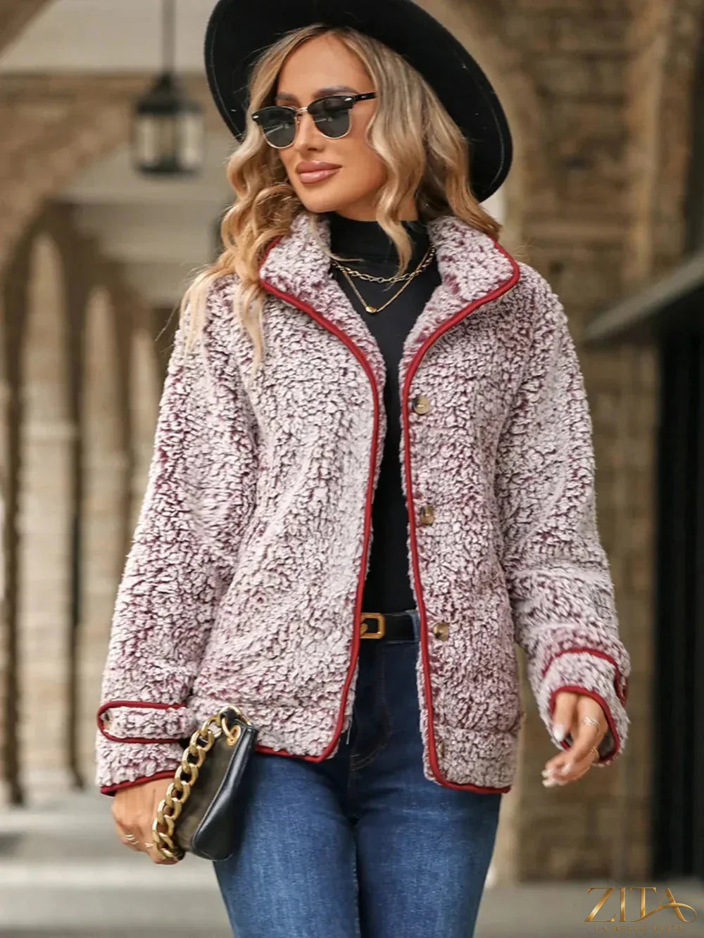 Fuzzy pocketed button-up jacket by Zita La Belle Elite, featuring a cozy texture and functional front pockets.
