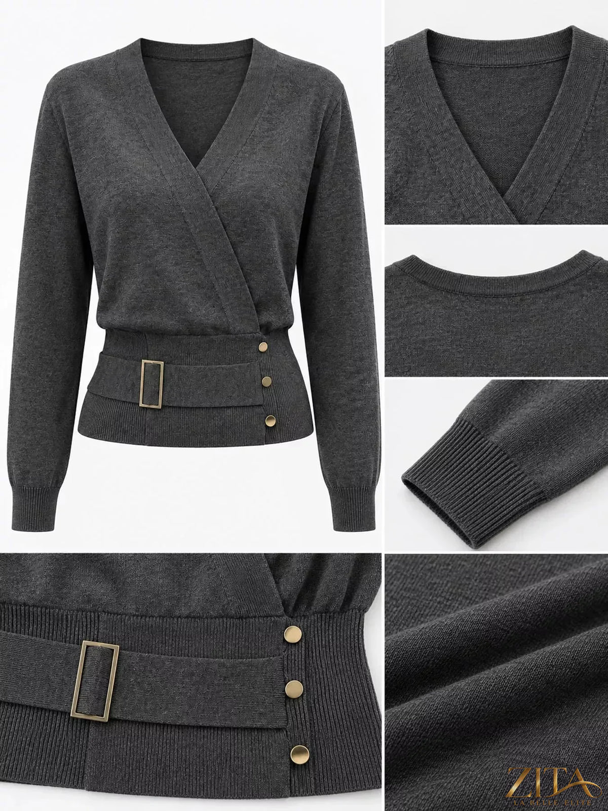 Zita La Belle Elite surplice long sleeve knit top with elastic waist in a stylish, fitted design for casual or dressy wear.