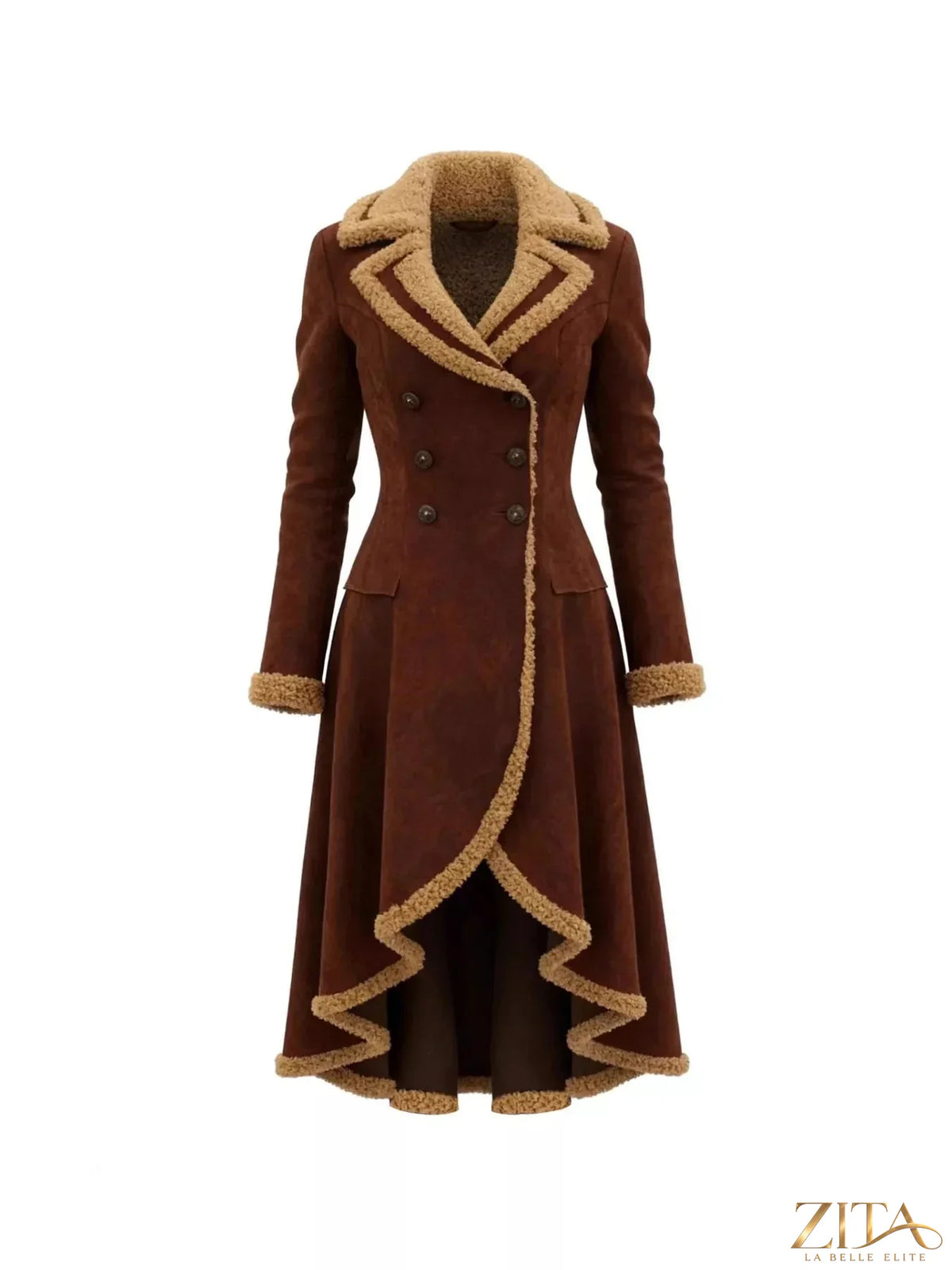Vintage style suede overcoat with sherpa trim from Zita La Belle Elite, featuring a classic design and soft fabric texture.