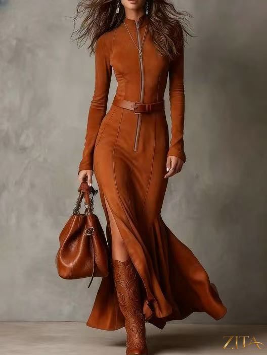 Zita La Belle Elite suede velvet zip-front mermaid maxi dress, elegant evening gown with fitted silhouette and flowing hem.
