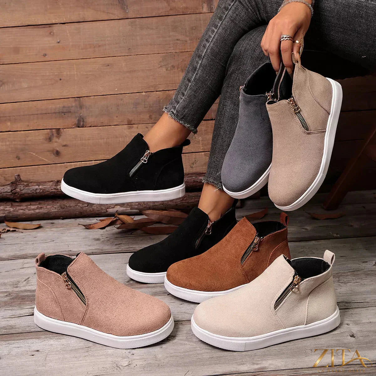 Zita La Belle Elite side zipper flat sneakers in black with casual slip-on design and comfortable flat sole.