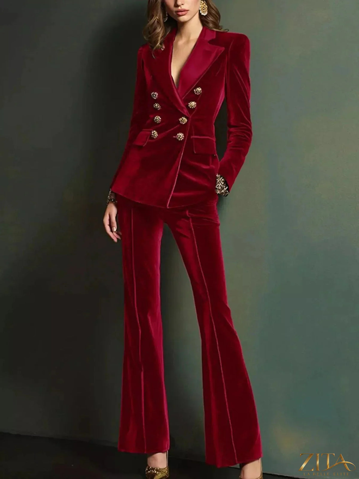 Zita La Belle Elite velvet double-breasted blazer and flare pant set, stylish and elegant fashion ensemble in rich velvet fabric.