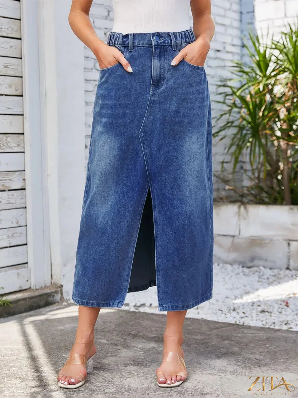 Zita La Belle Elite slit midi denim skirt with pockets, featuring a stylish cut and casual design, shown in the product image.