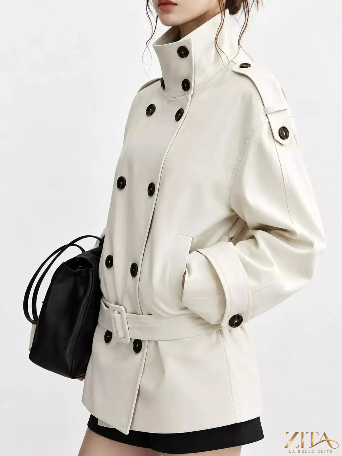 Zita La Belle Elite double-breasted turtleneck trench coat in neutral color, stylish outerwear with a classic design and button details.