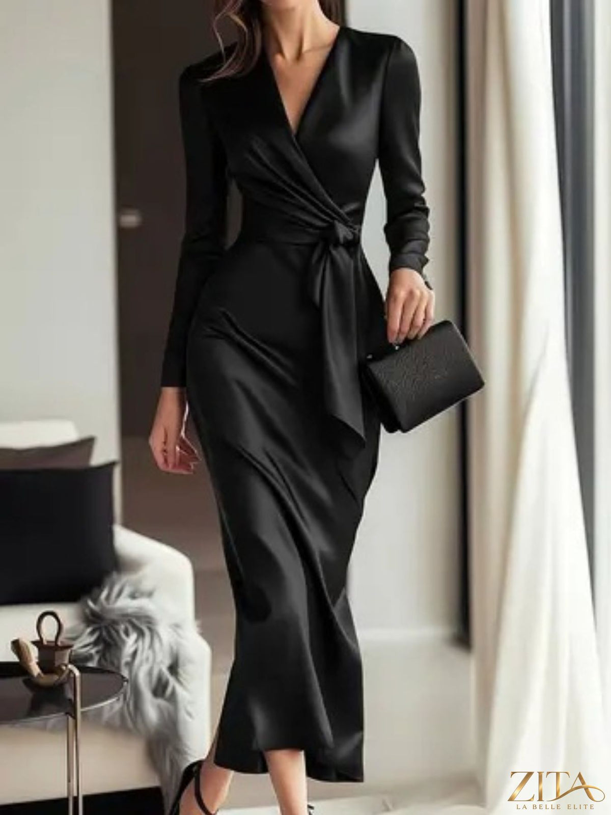 Satin tie waist long sleeve dress by Trendsi featuring a sleek, elegant design with a fitted silhouette and smooth fabric.