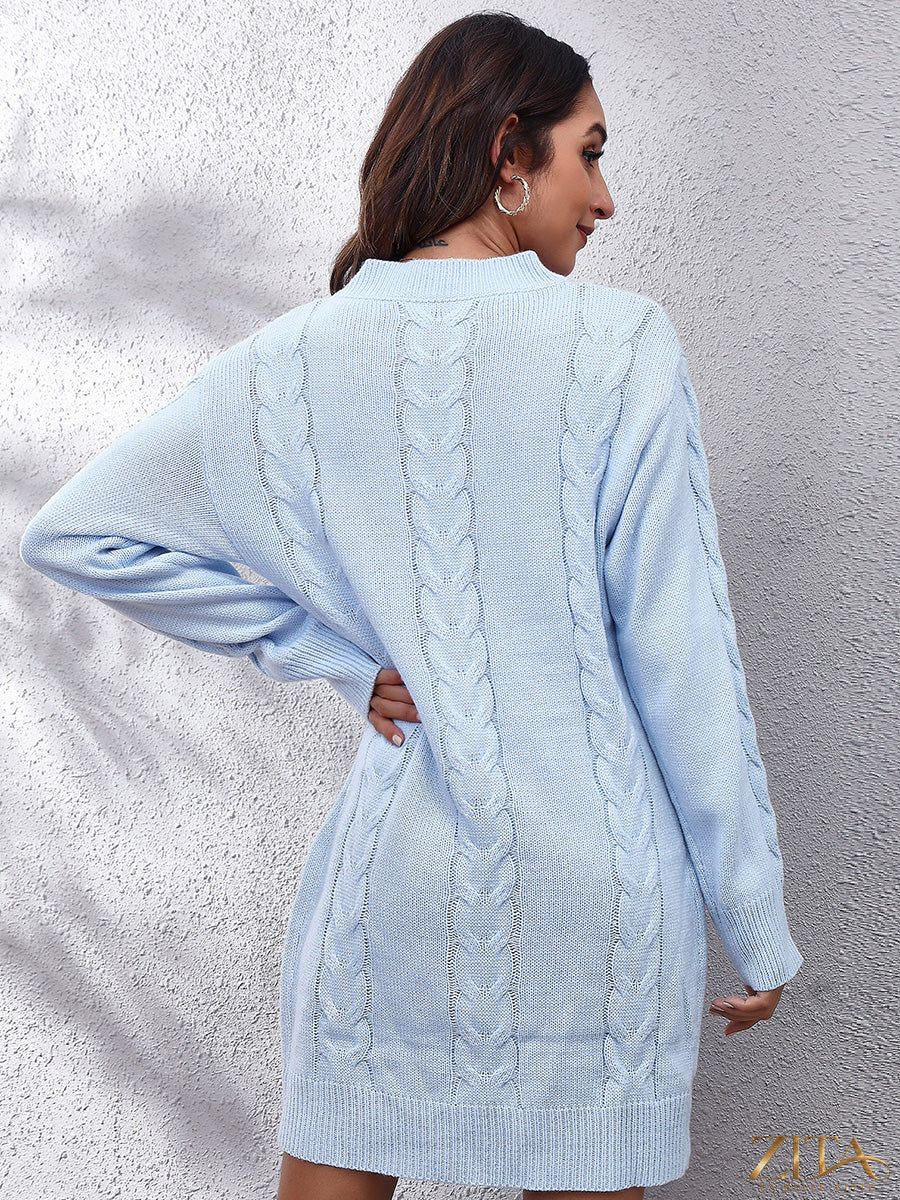 Zita La Belle Elite cable-knit round neck sweater dress in cozy knit fabric, featuring a classic fit and ribbed cuffs.
