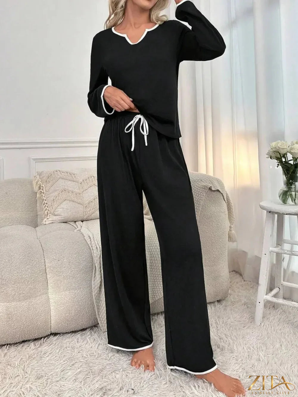 Zita La Belle Elite contrast trim notched long sleeve top and matching pants lounge set, stylish and comfortable sleepwear ensemble
