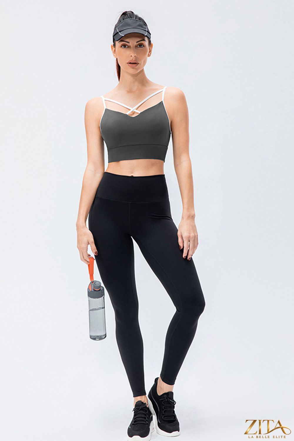 Black wide waistband slim fit active leggings from Trendsi, shown on a model with a close-up of the high-rise waistband.