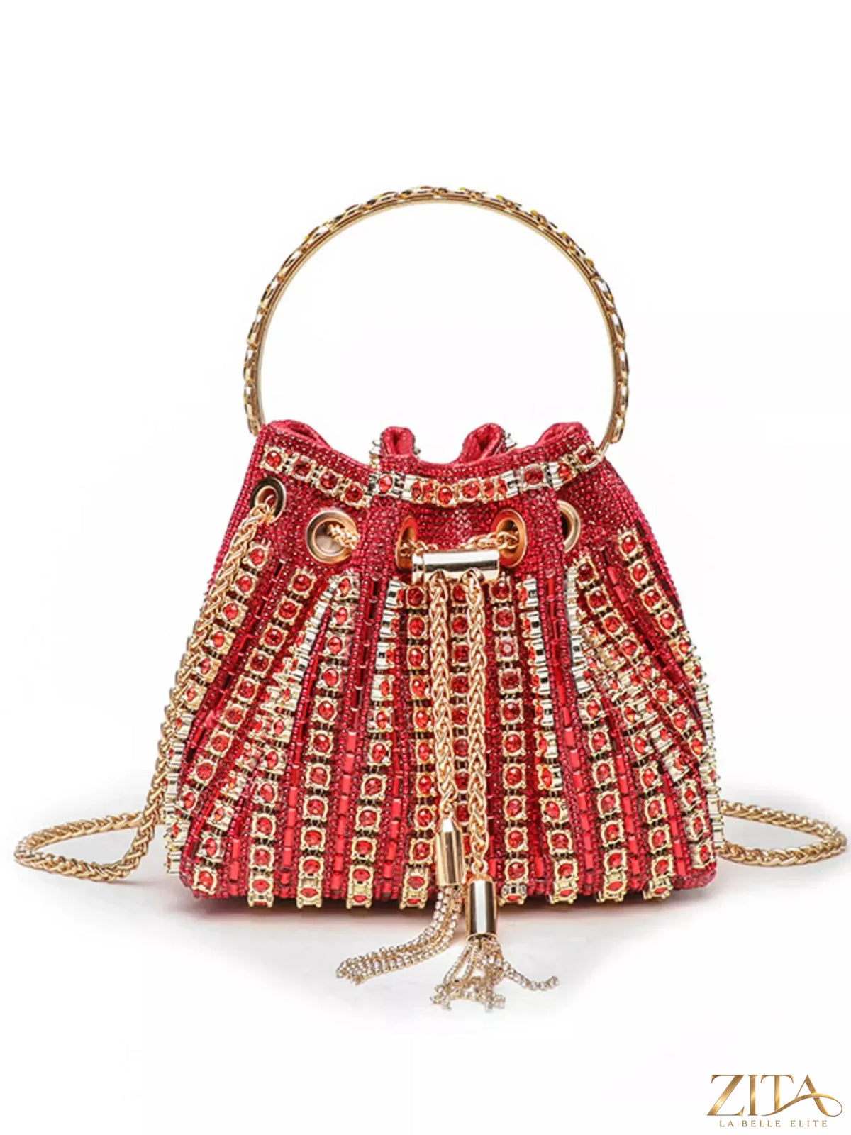 Zita La Belle Elite holiday party rhinestone embellished bucket crossbody handbag with sparkling accents and sleek design.