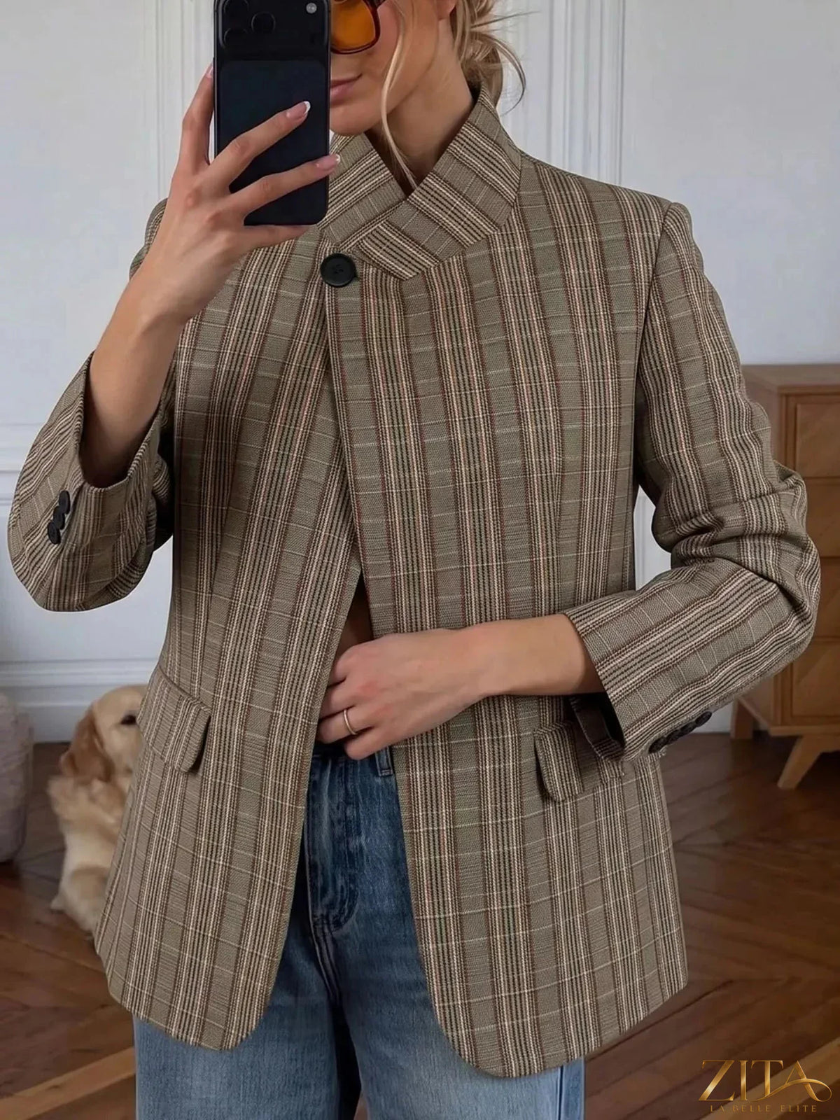 Zita La Belle Elite plaid single-button blazer, tailored blazer with classic plaid pattern, front button closure, and structured fit.