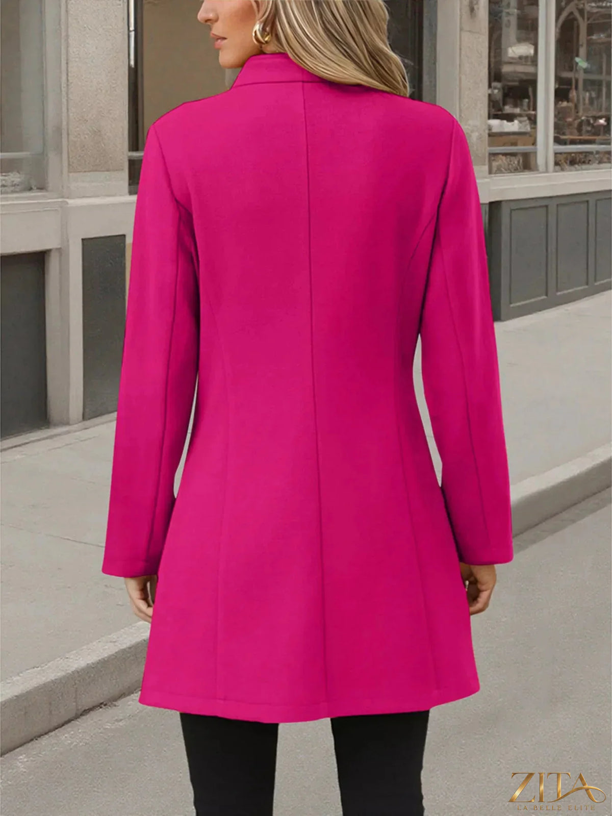 Zita La Belle Elite button-up long sleeve coat in neutral fabric, featuring a classic collar and tailored fit.