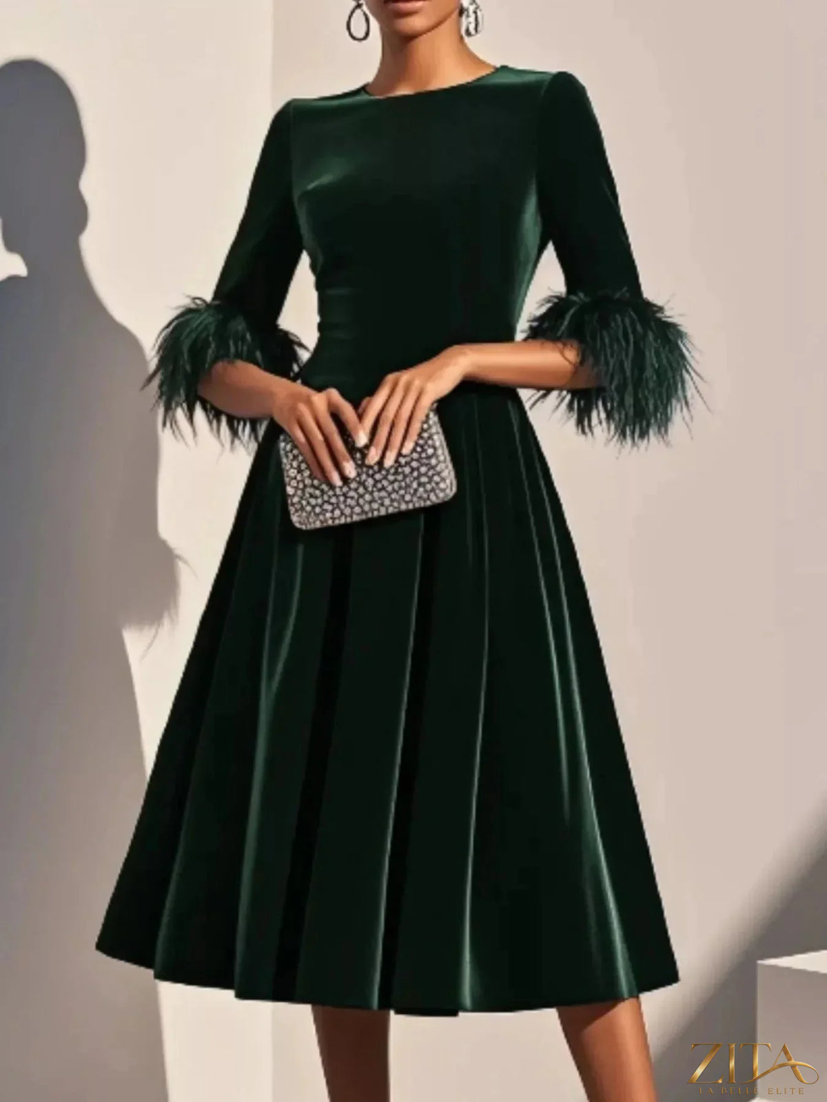 Zita La Belle Elite velvet midi dress with feather cuffs, elegant and stylish, featuring a fitted silhouette and luxurious fabric.
