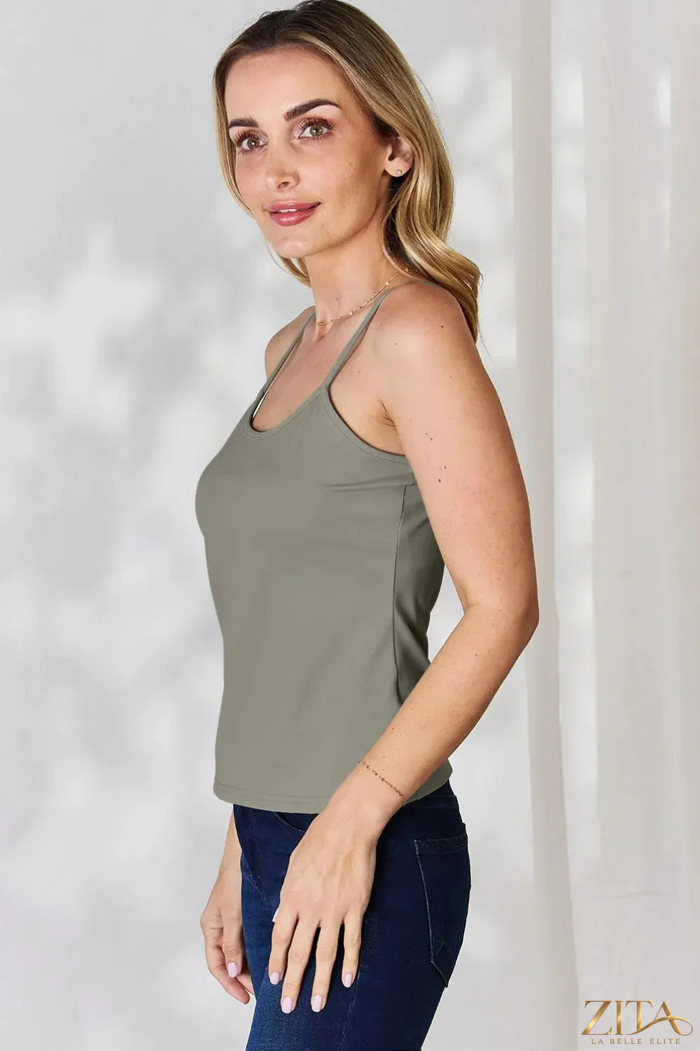 Zita La Belle Elite Basic Bae full-size round neck slim cami in plus size, shown in black on a model.
