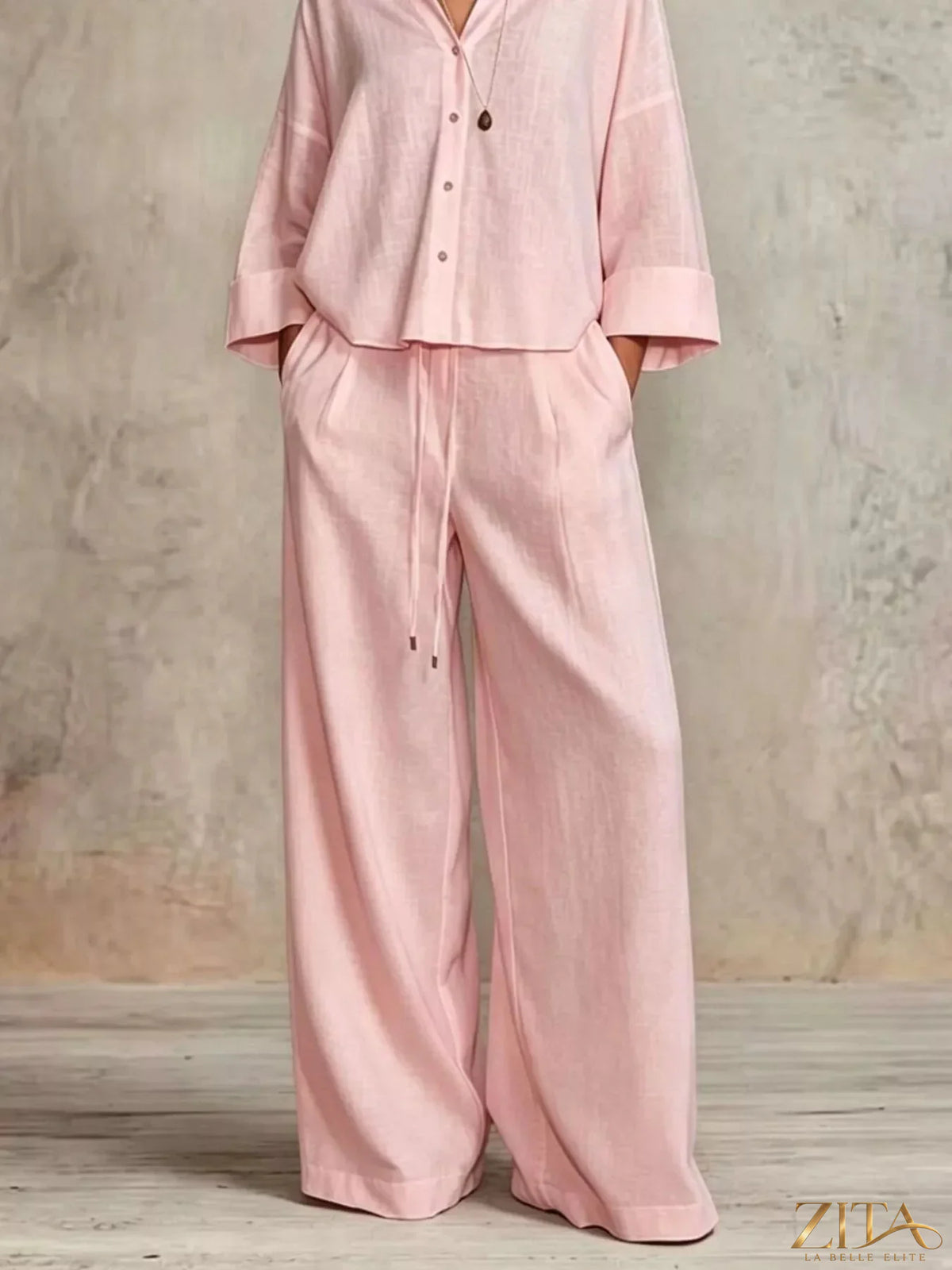 Zita La Belle Elite plus size button-down shirt and wide-leg pants set, full size, in a stylish coordinated outfit.