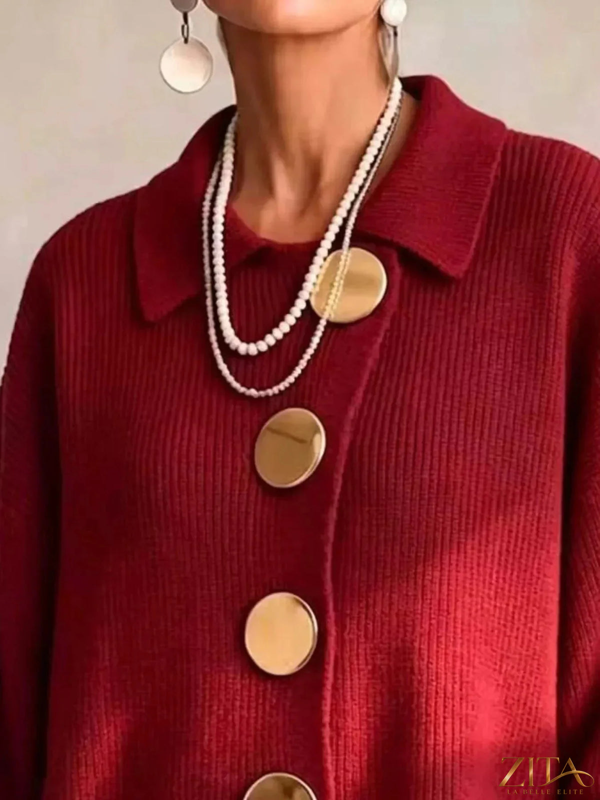 Plus size ribbed knit cardigan with gold buttons by Zita La Belle Elite, featuring a full-length design and cozy texture.