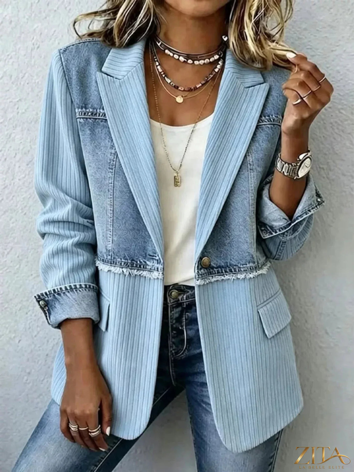 Plus size patchwork denim blazer by Zita La Belle Elite featuring ribbed details and a tailored fit.