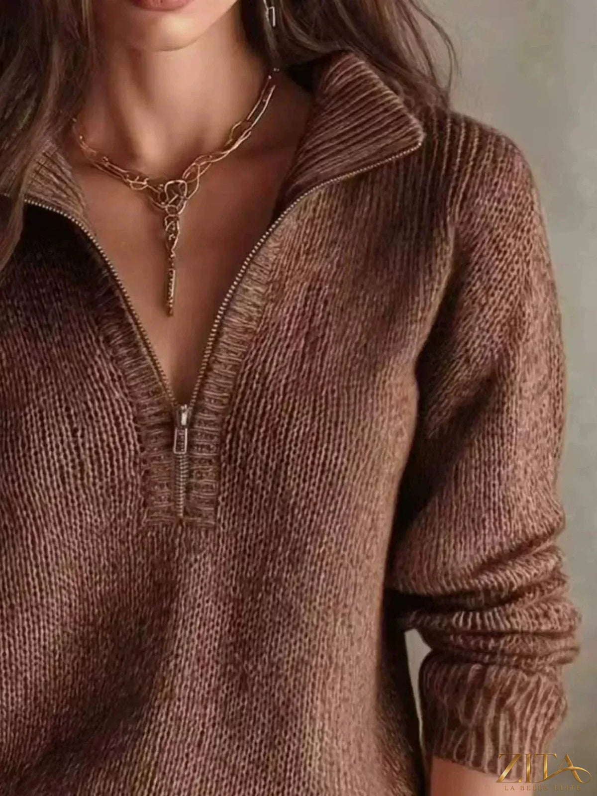 Zita La Belle Elite half zip dropped shoulder sweater in soft knit fabric, featuring a relaxed fit and stylish design.