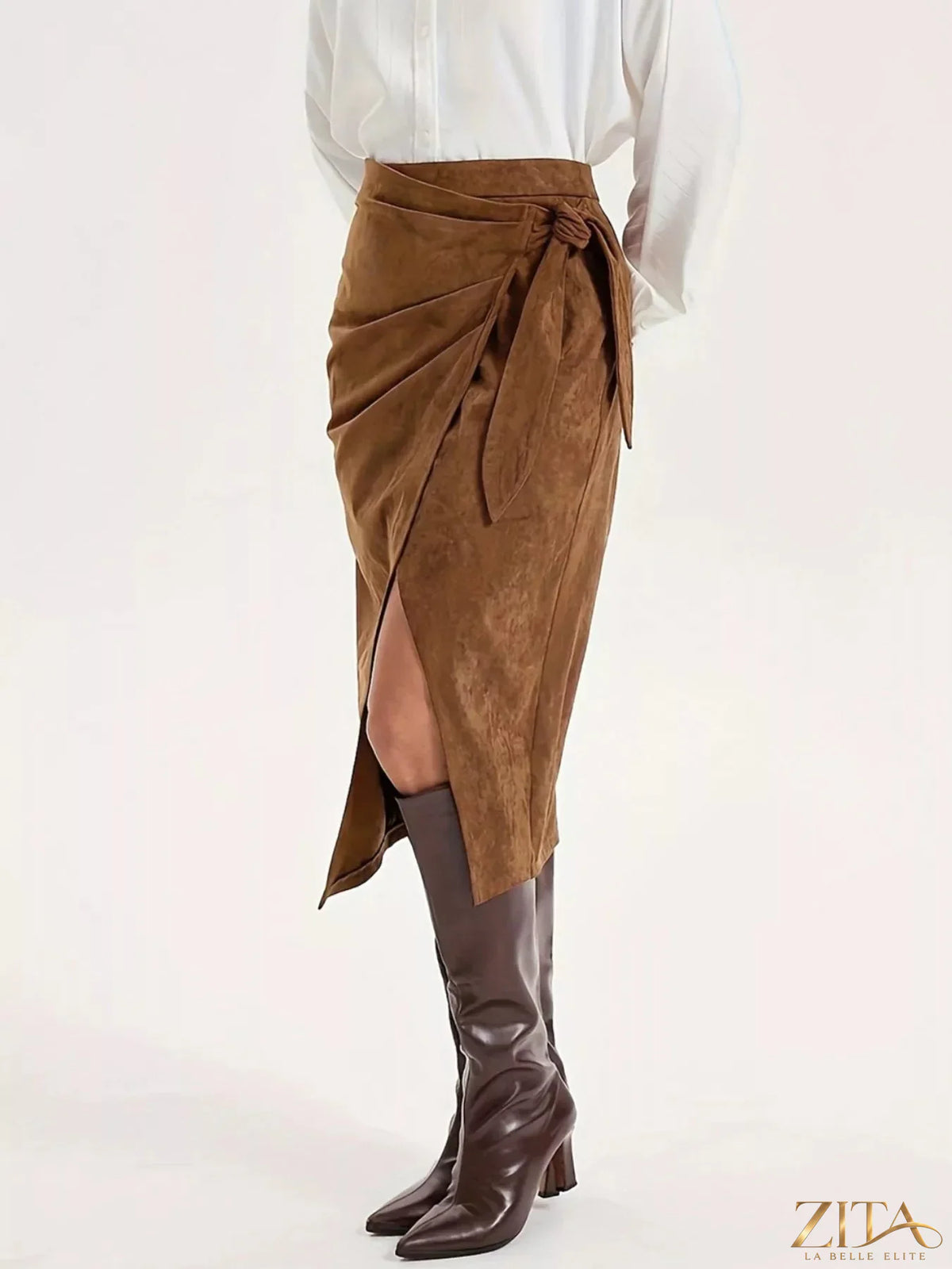 Trendsi wrap midi skirt in a stylish fabric, featuring a fitted waist and flowing length, perfect for casual or dressy outfits.