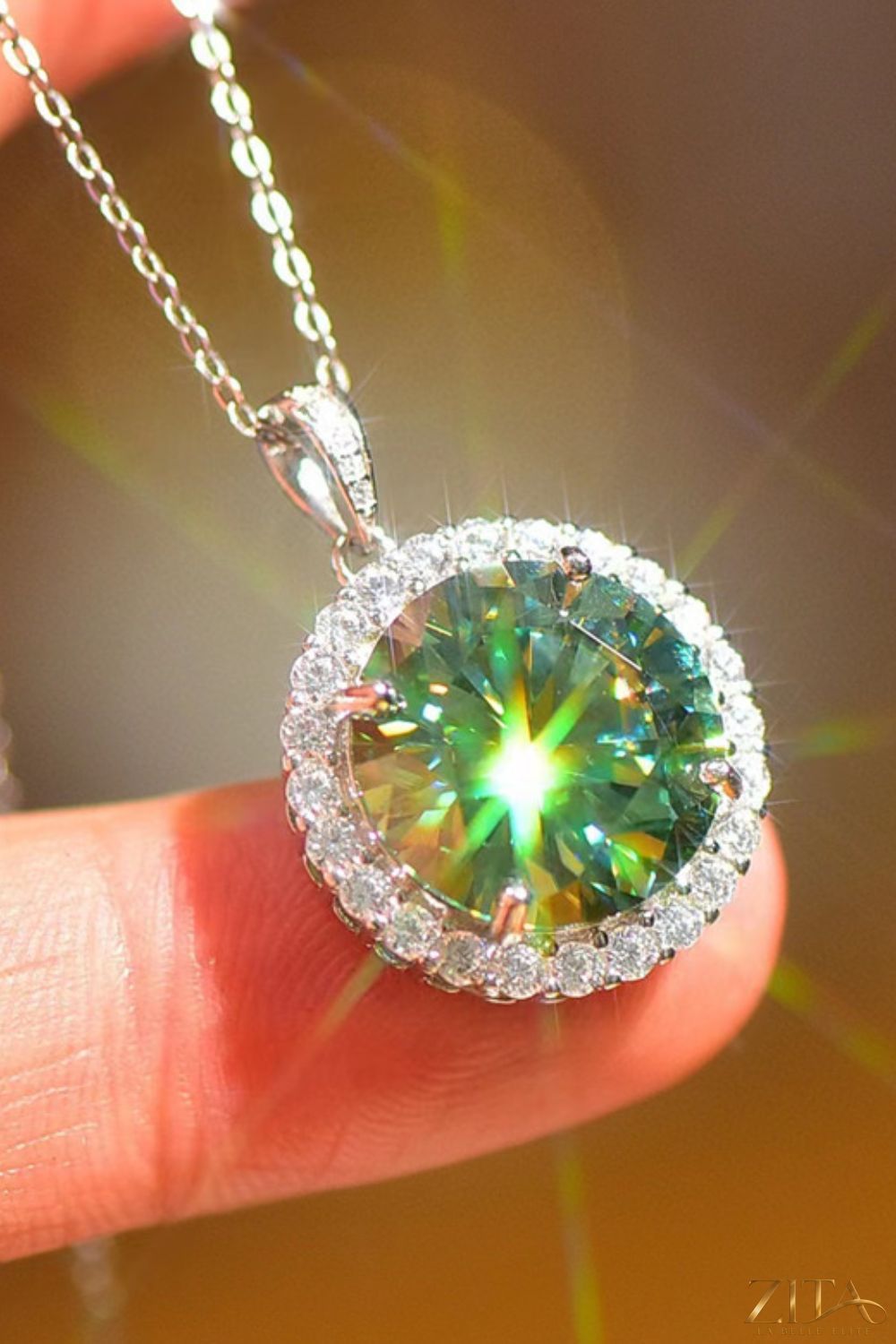 10 carat moissanite pendant on platinum-plated necklace, elegant jewelry piece with sparkling gemstone and sleek chain design.
