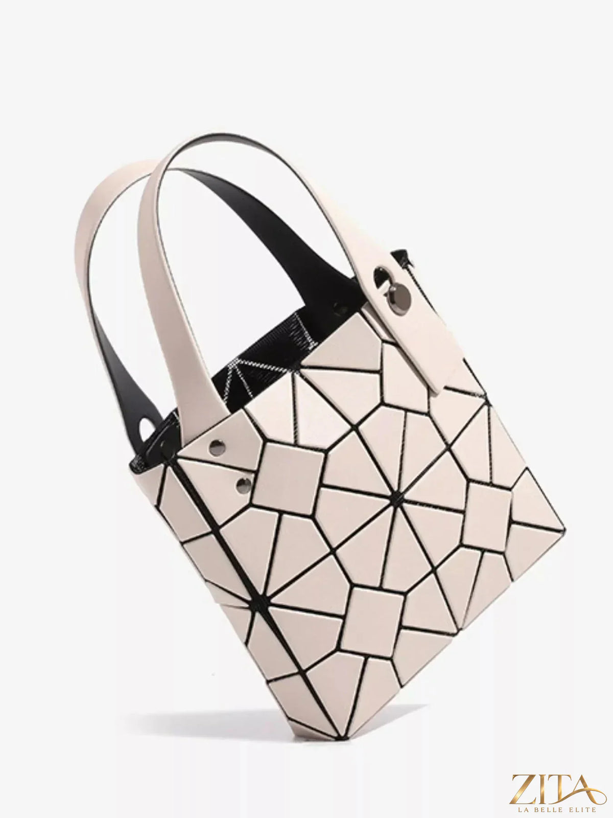 Zita La Belle Elite geometric matte modular handbag with structured design and multiple compartments, in neutral tones.