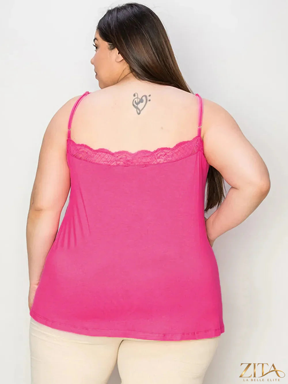 Zita La Belle Elite Basic Bae full-size lace trim V-neck cami with delicate lace details and soft fabric, front view.