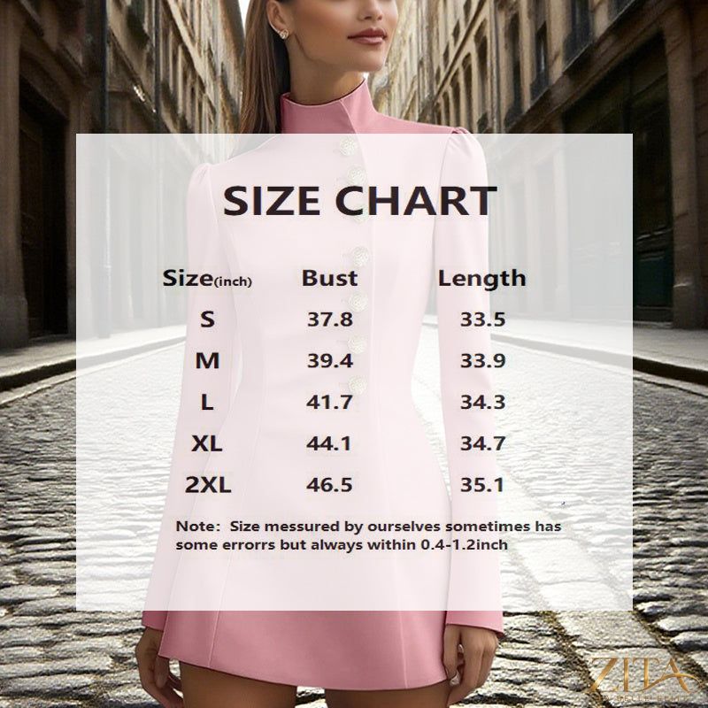Women’s slim fit blazer dress with stand collar, formal short casualwear by Zita La Belle Elite, shown on a model.
