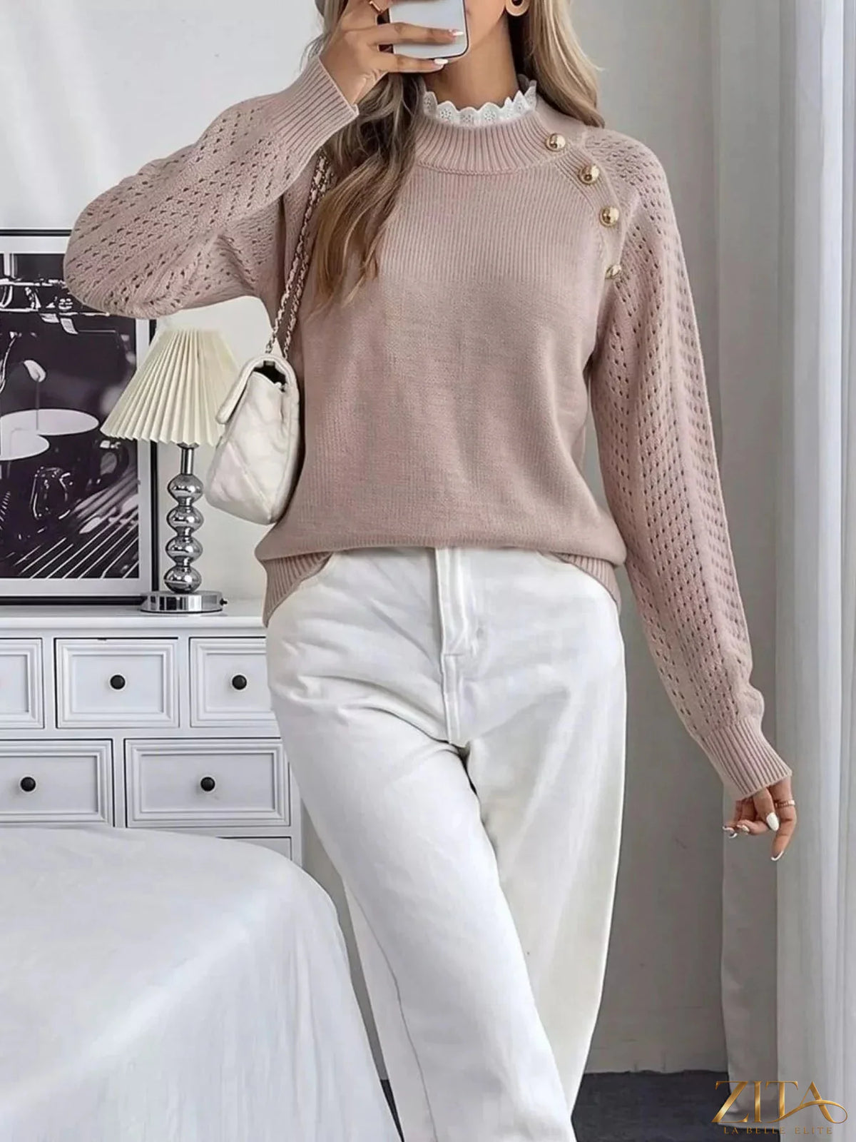 Openwork Zita La Belle Elite mock neck sweater featuring intricate knit pattern and lightweight, stylish design.