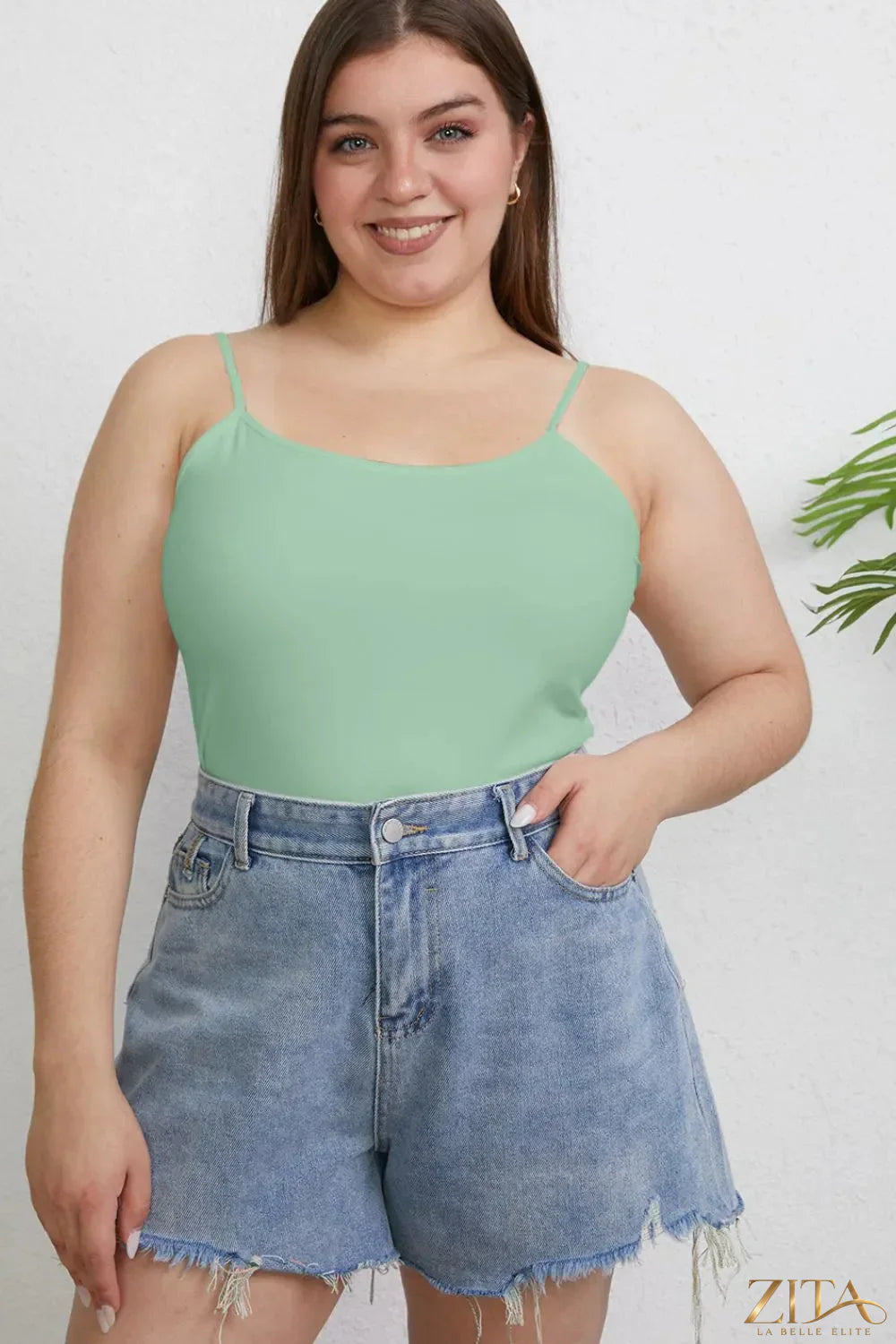 Zita La Belle Elite Basic Bae full size round neck slim cami in plus size, featuring a fitted design and round neckline.