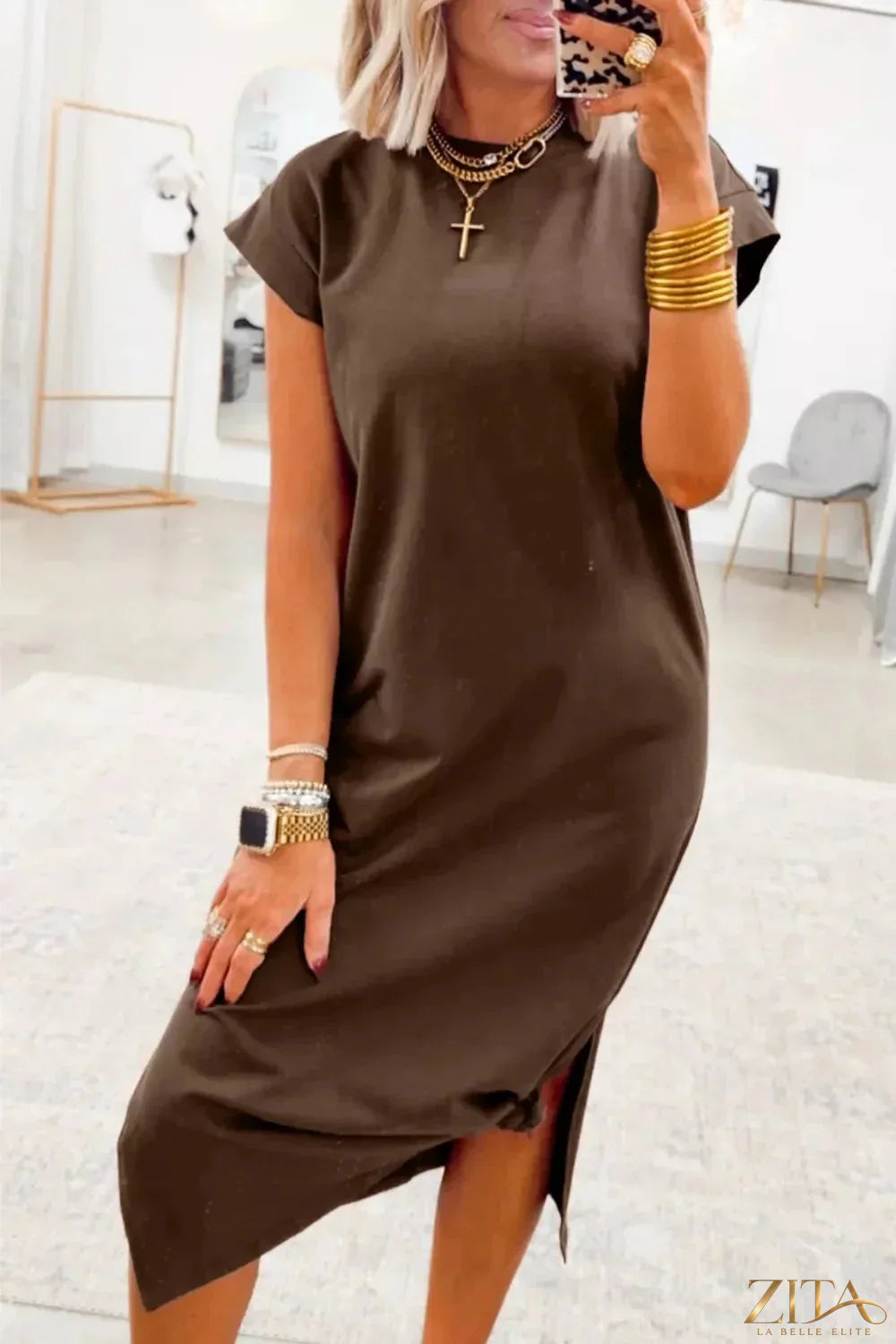 Zita La Belle Elite casual slit T-shirt dress in soft fabric, featuring a relaxed fit and stylish side slit.