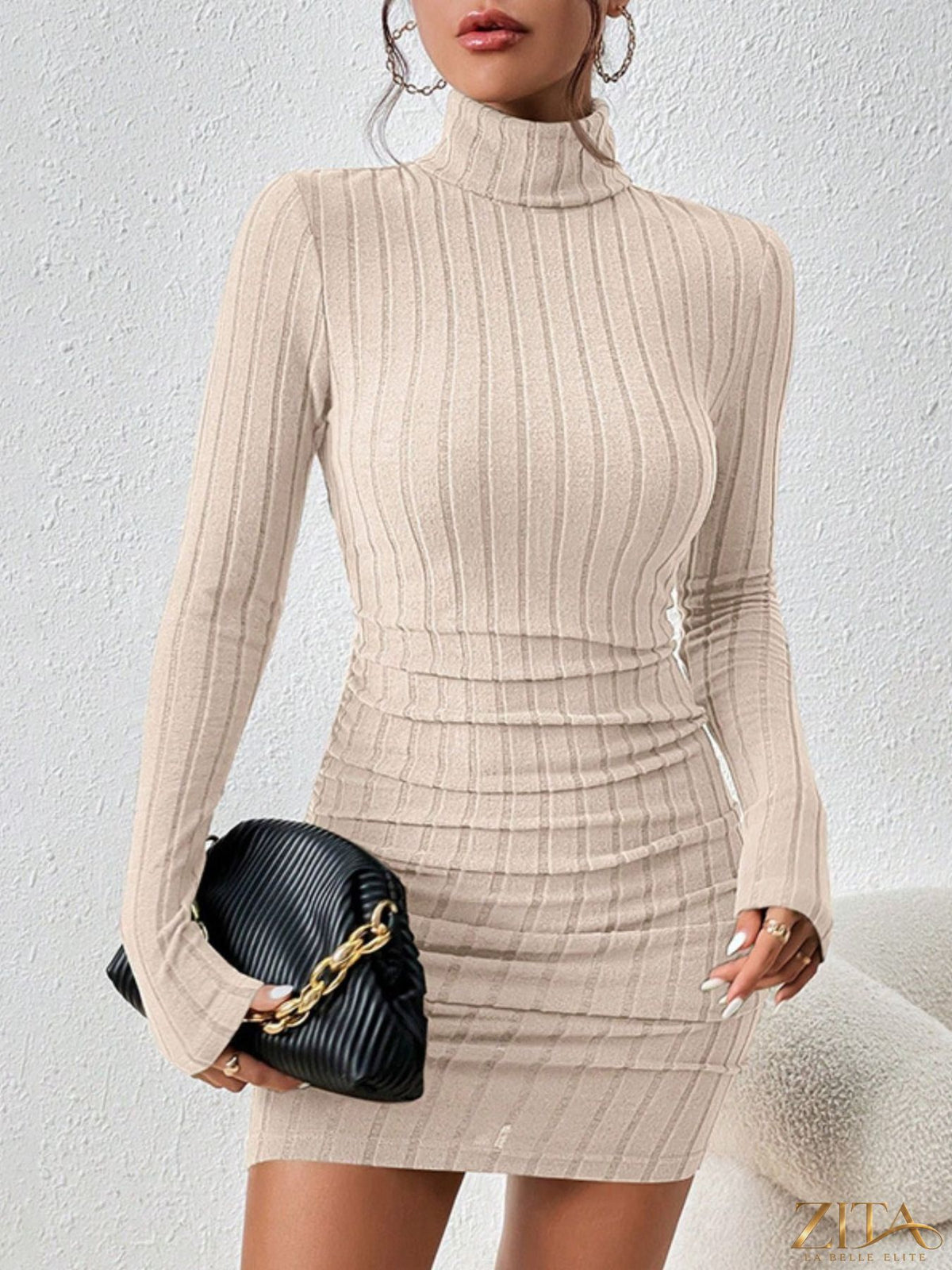 Ribbed black turtleneck bodycon mini dress by Trendsi, close-up of fitted silhouette and textured fabric.