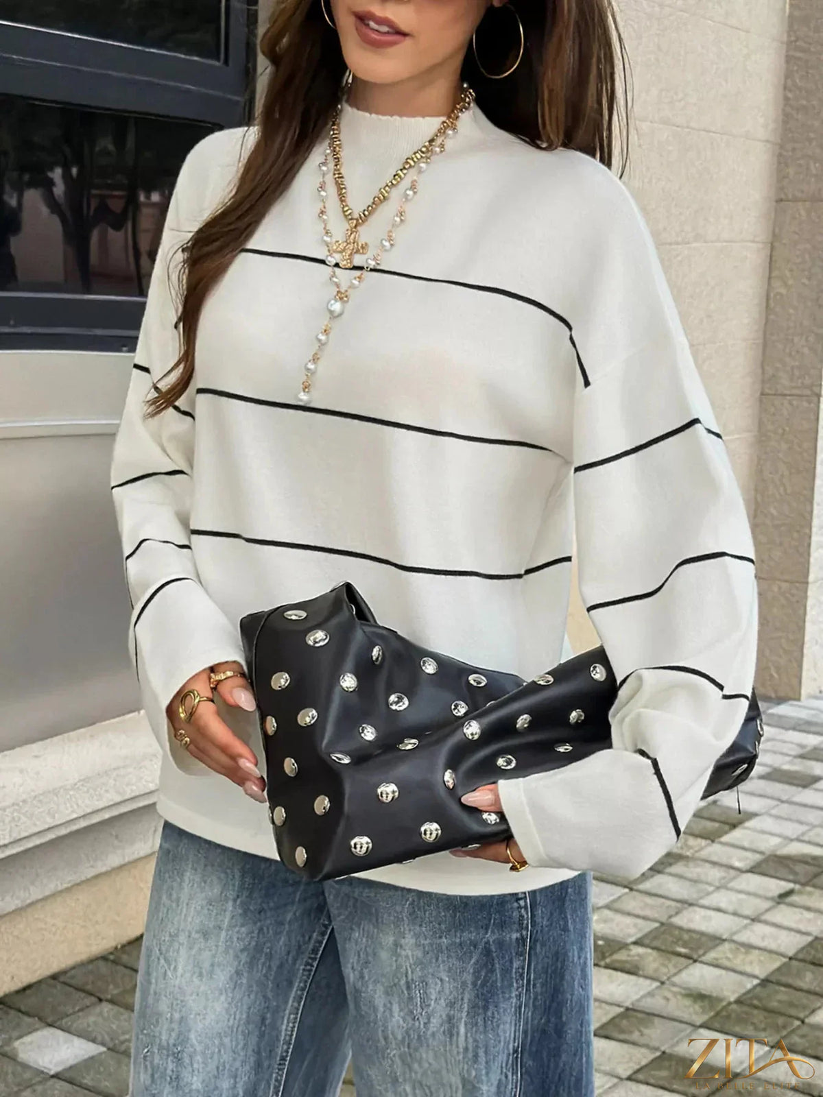 Zita La Belle Elite striped mock neck sweater featuring bold horizontal stripes and a cozy fit, ideal for casual wear.
