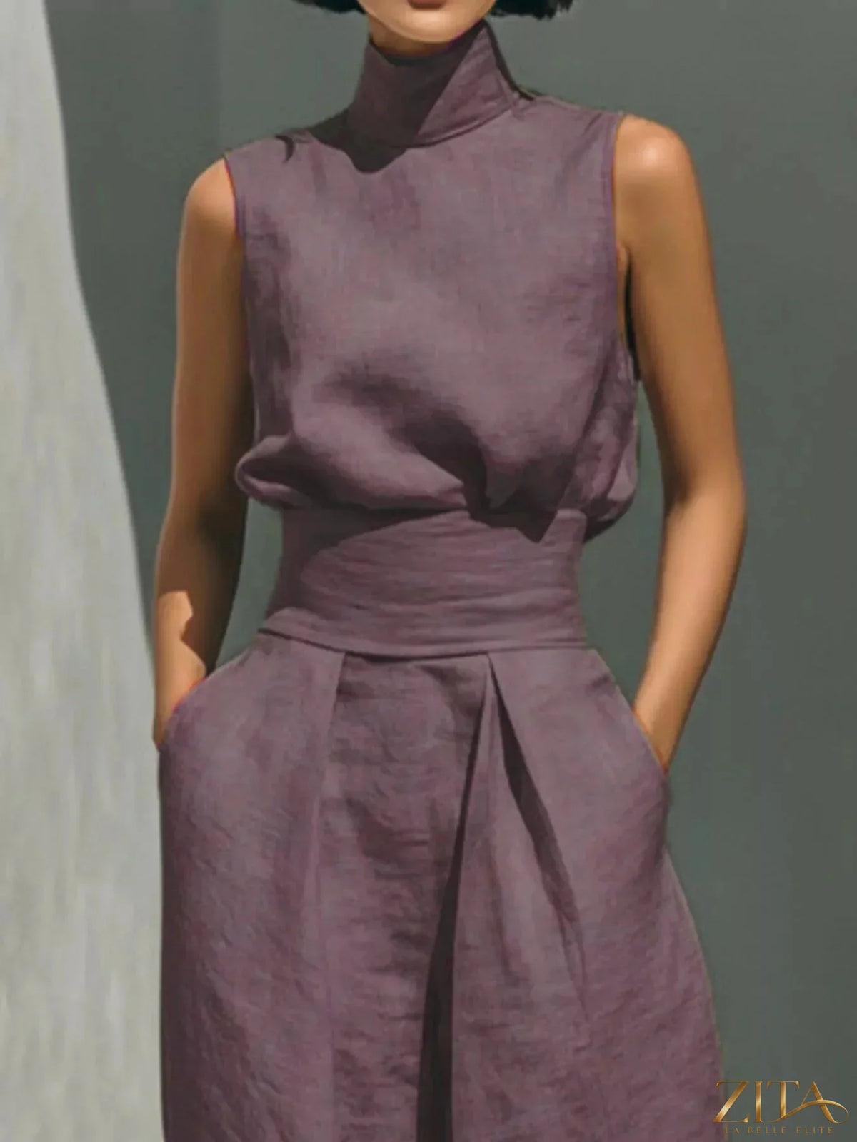 Plus size Zita La Belle Elite sleeveless turtleneck top with wide-leg pants set, featuring a stylish, comfortable fit.