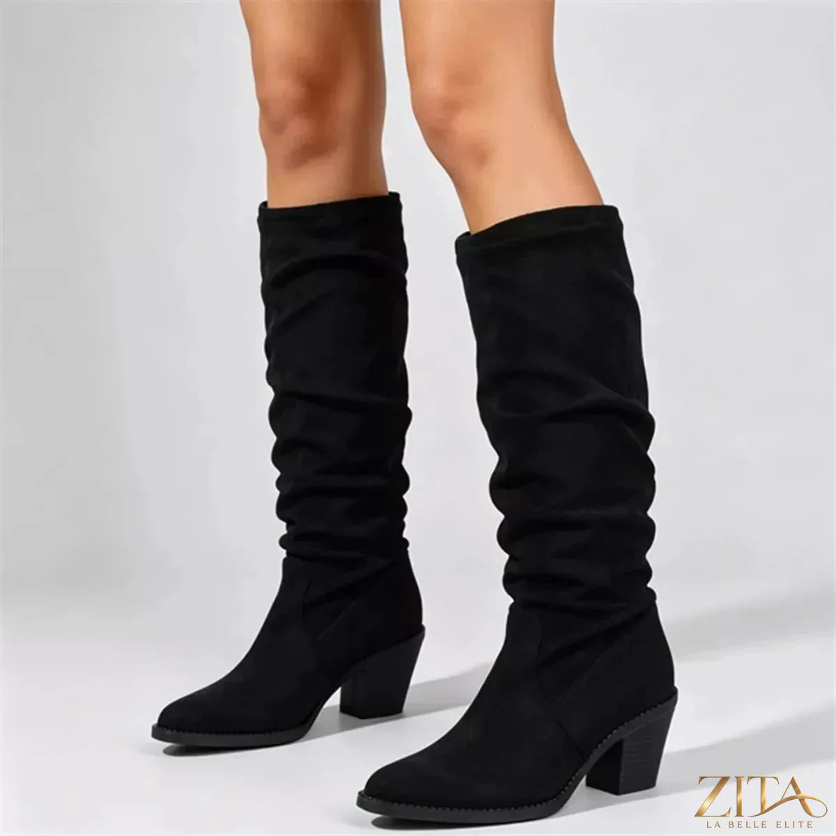 Zita La Belle Elite point toe block heel boots in black leather with sleek design and sturdy heel, perfect for stylish fall outfits.