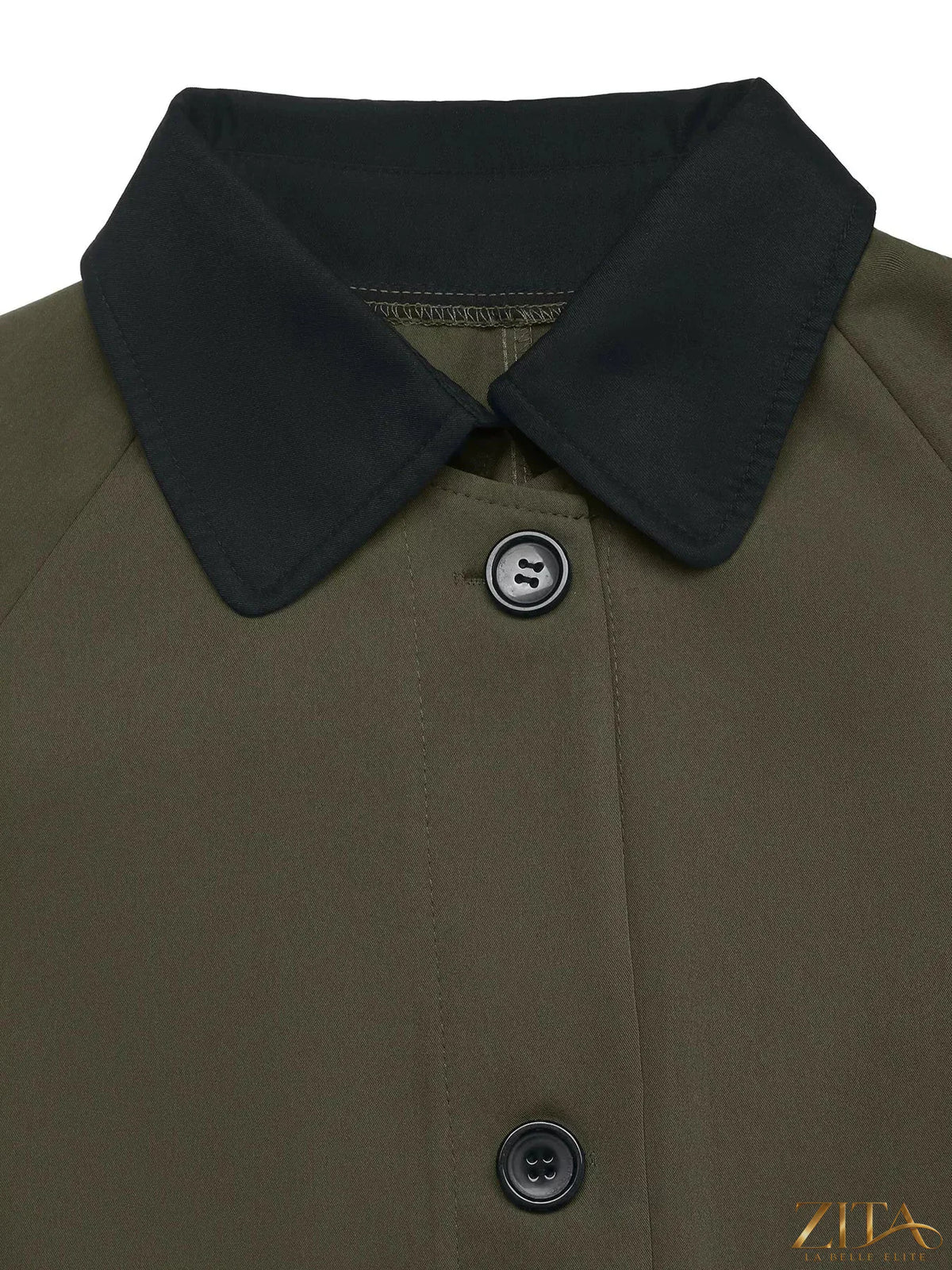 Zita La Belle Elite contrast collar button-up coat with tailored fit, featuring a stylish collar and front buttons on a neutral background.