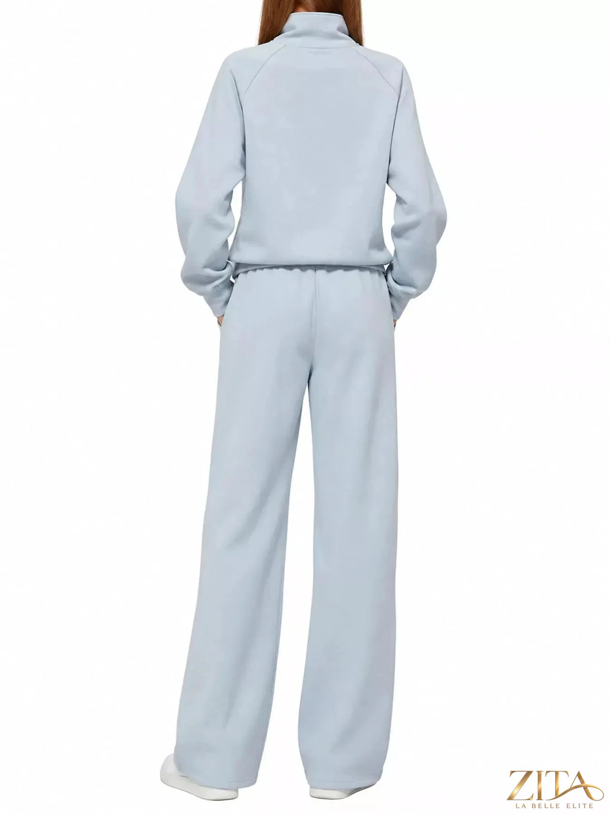 Zita La Belle Elite half-zip sweatshirt and wide-leg pants set, featuring a cozy sweatshirt with a half-zip collar and flowing wide-leg trousers.