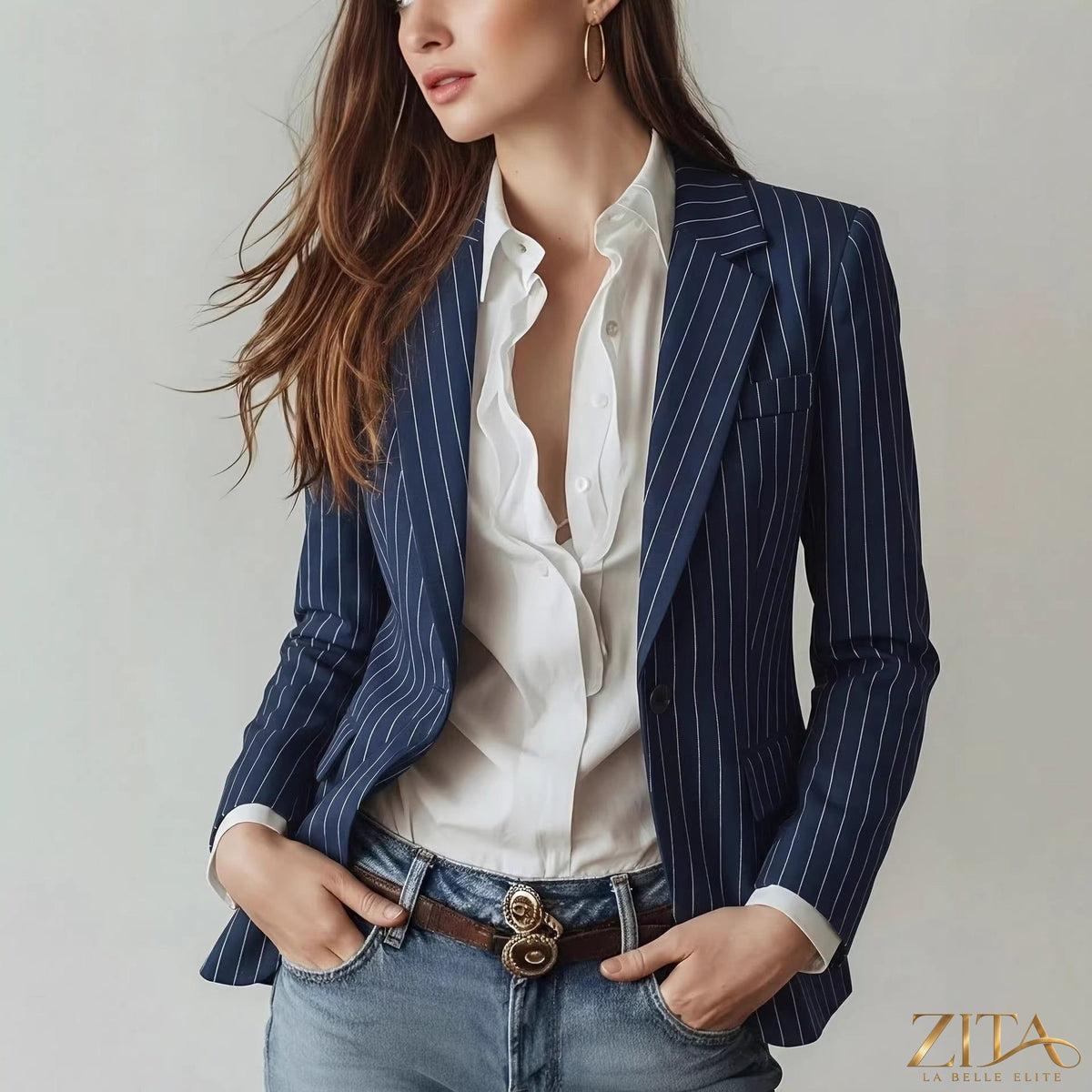 Navy striped waist-cinching petite blazer by Zita La Belle Elite, tailored fit with stylish vertical stripes and flattering silhouette.