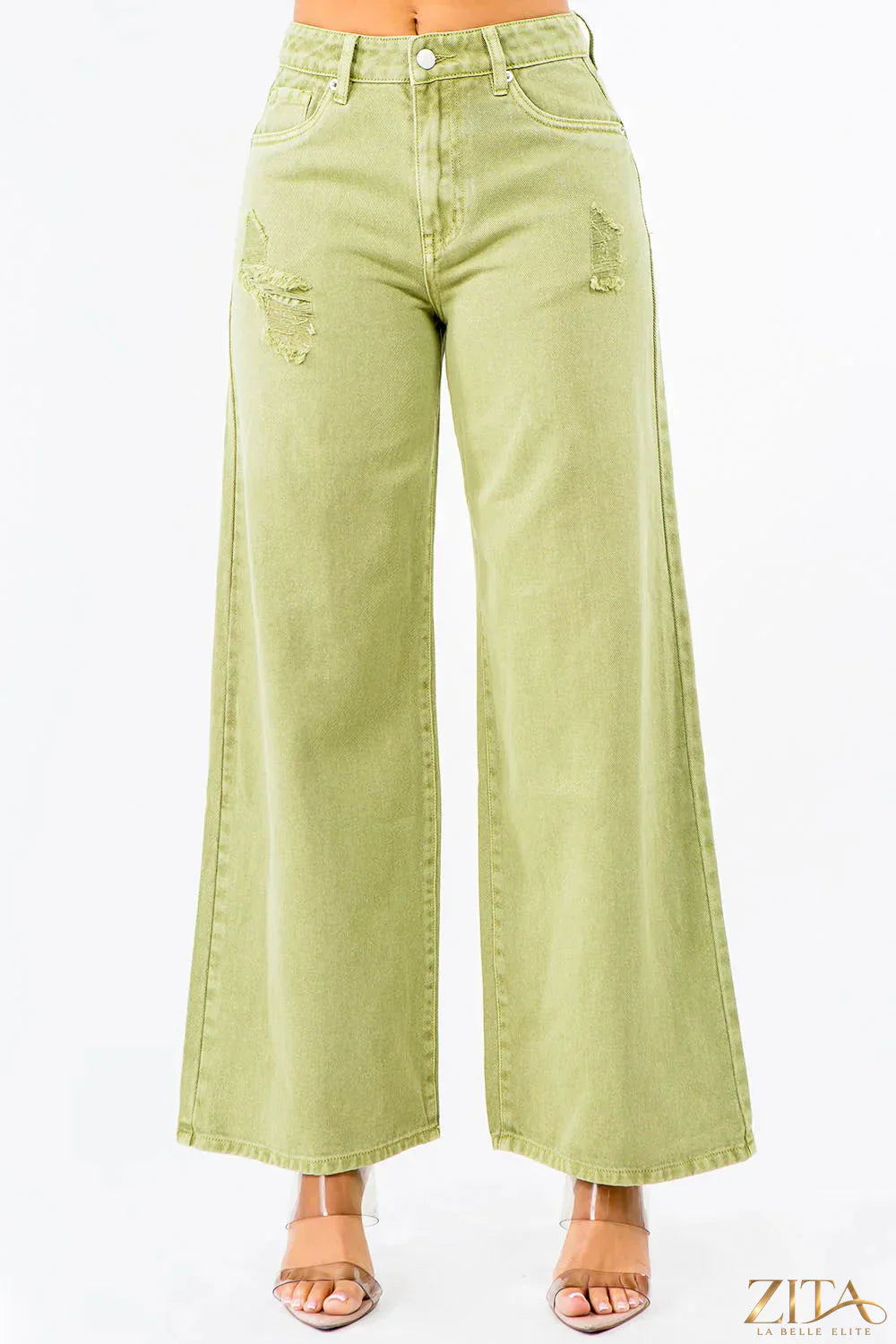 American Bazi high waist distressed wide leg jeans by Zita La Belle Elite, showing the fit and stylish distressed details.