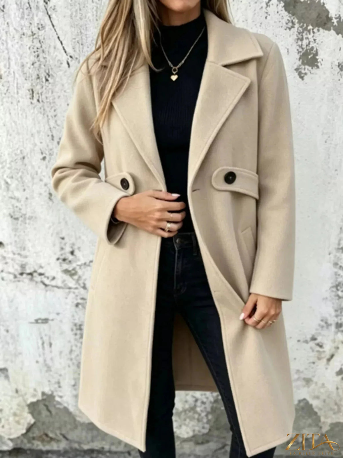 Plus size Zita La Belle Elite longline overcoat with lapel collar, full size, stylish and warm outerwear for cold weather.