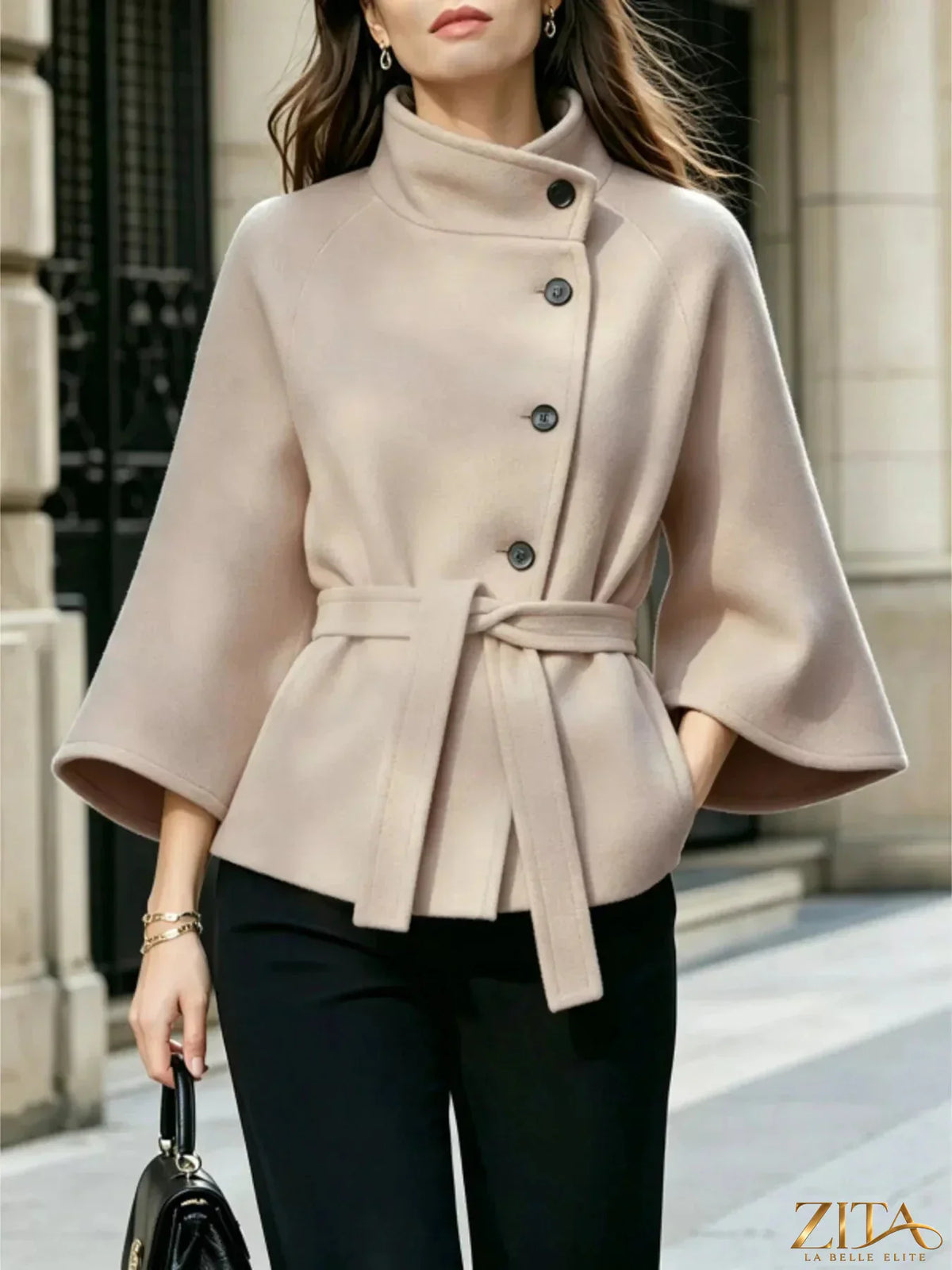 Zita La Belle Elite button down cape coat with belted waist, stylish outerwear featuring a classic silhouette and elegant design.