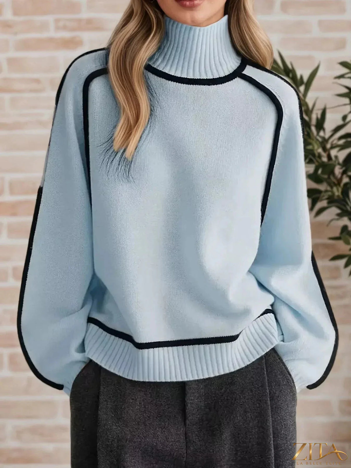 Zita La Belle Elite contrast trim turtleneck sweater with ribbed cuffs and neckline in a cozy knit fabric.