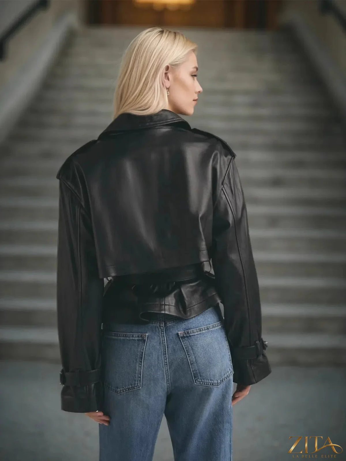 Zita La Belle Elite leather belted trench jacket displayed on a mannequin, showcasing its stylish design and classic silhouette.