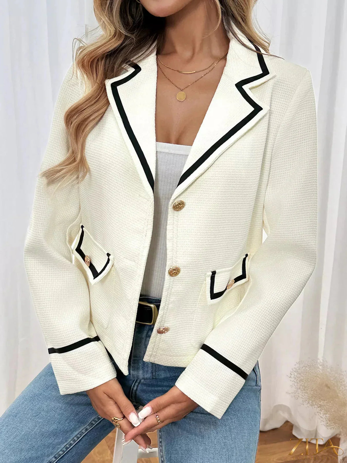 Zita La Belle Elite contrast trim button-up blazer featuring tailored fit and stylish design, shown in a front view.