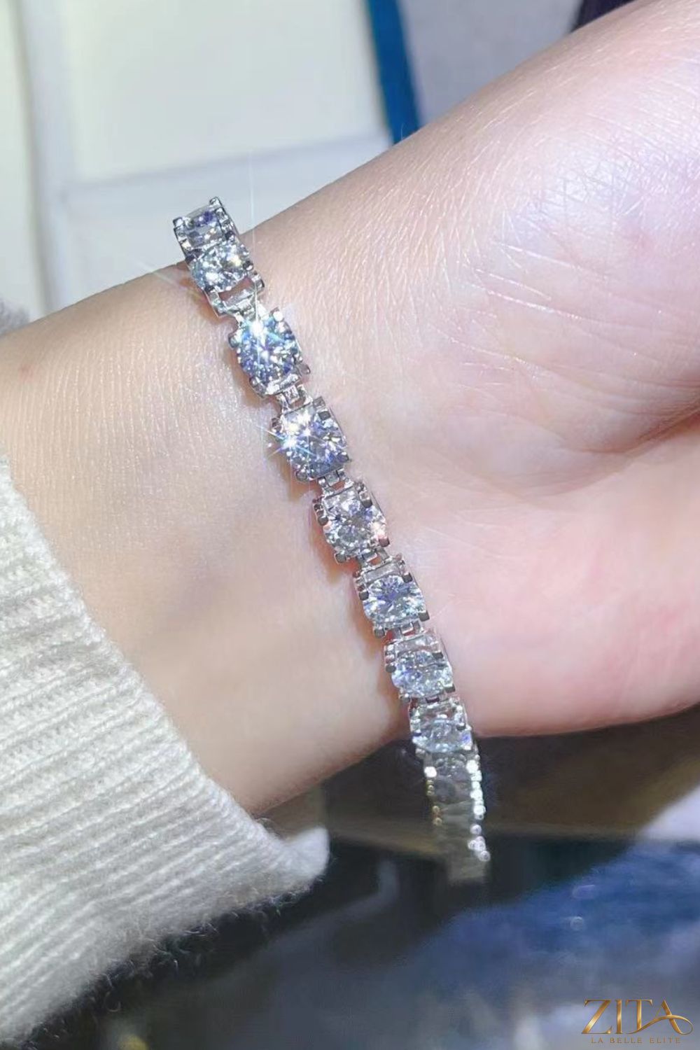 Luxury 10 carat moissanite platinum-plated bracelet with sparkling stones, elegant jewelry piece, perfect for special occasions.
