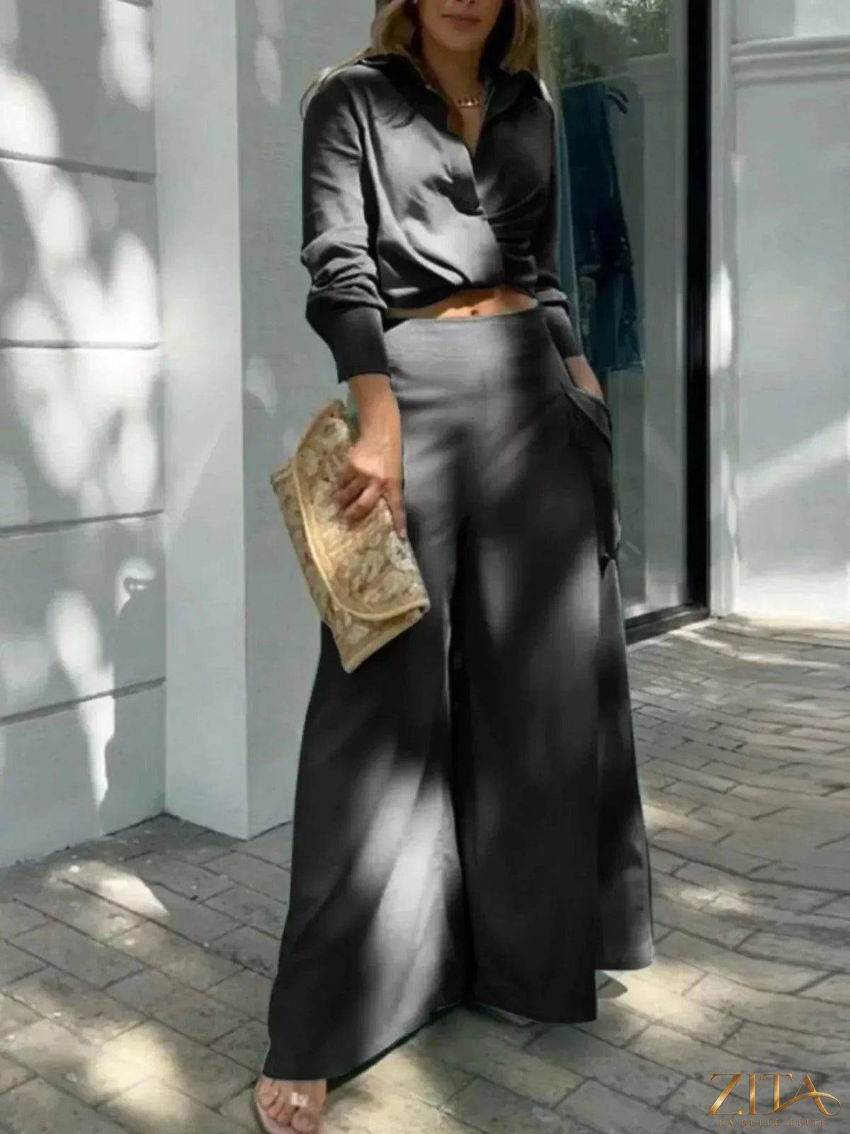 Zita La Belle Elite long sleeve shirt and wide leg pants set in stylish, coordinated fabric with a relaxed fit.