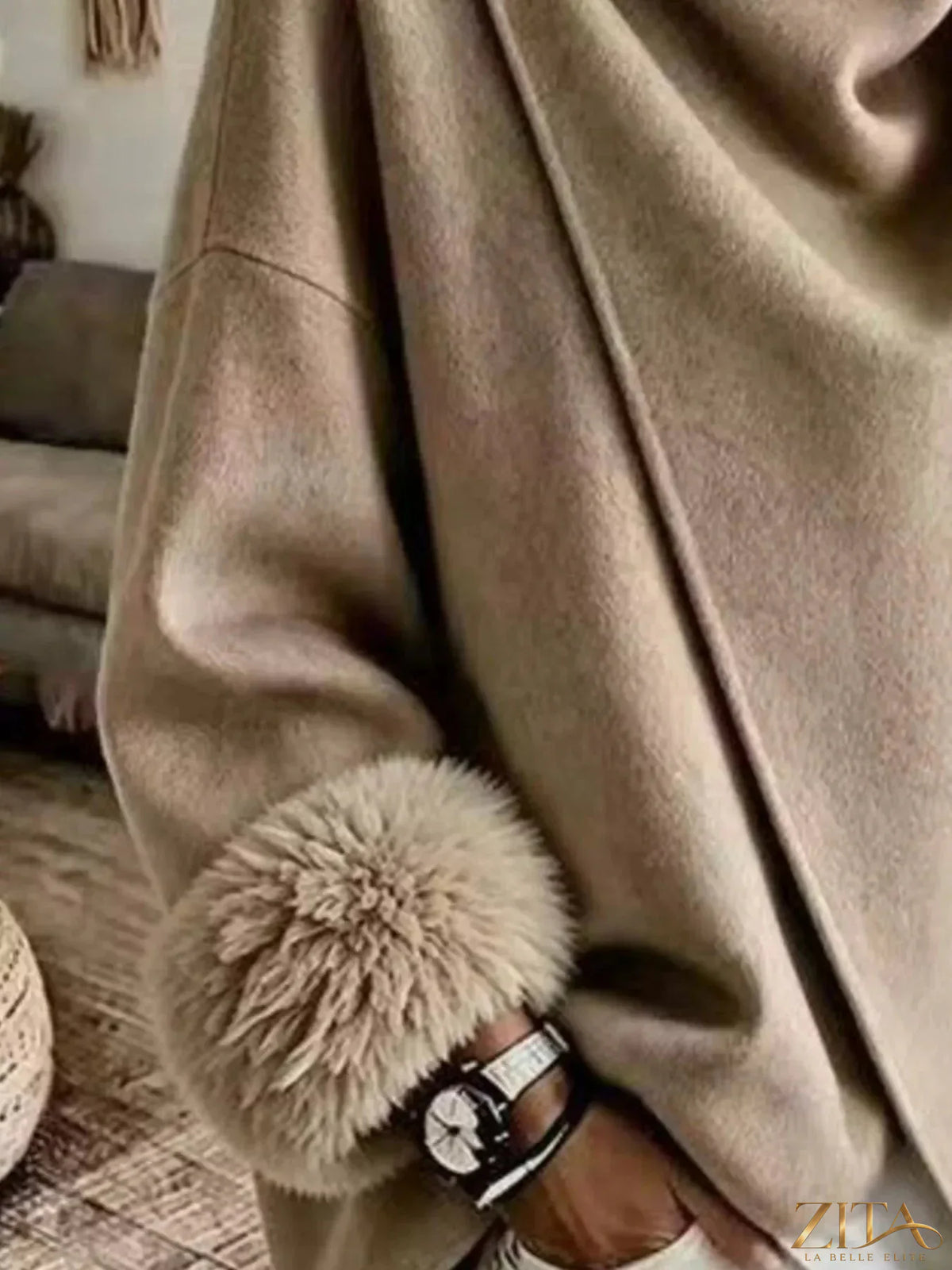 Elegant plus size faux fur cuff outerwear by Zita La Belle Elite, featuring asymmetric design and full-size fit.