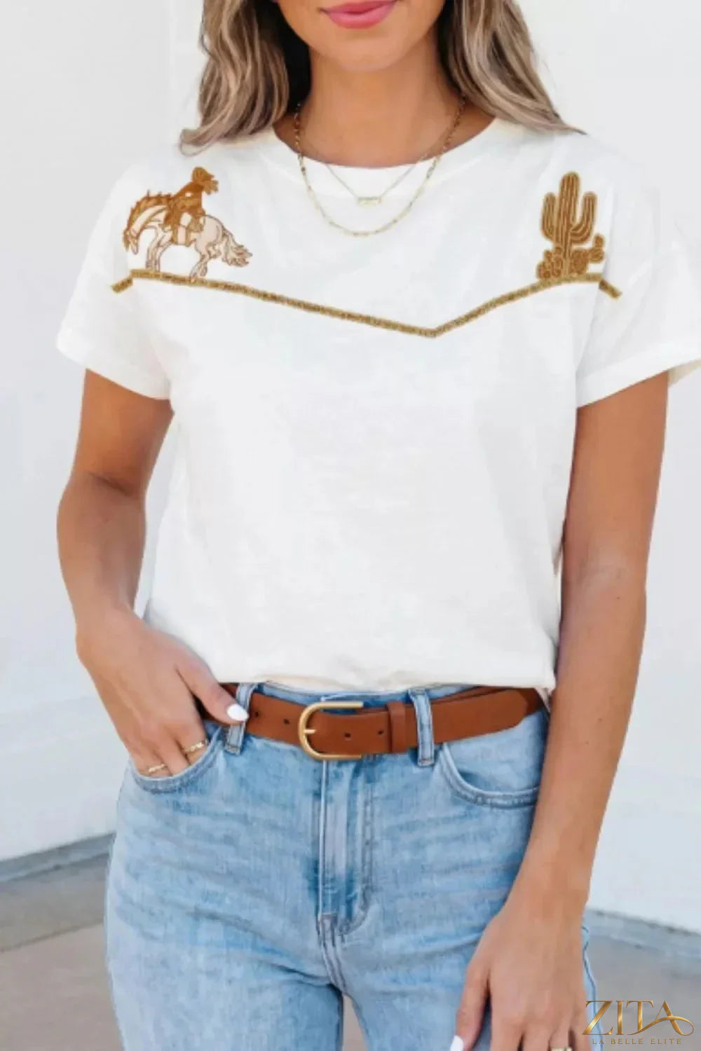 Western embroidered casual tee by Trendsi featuring intricate embroidery on soft fabric, displayed on a neutral background.